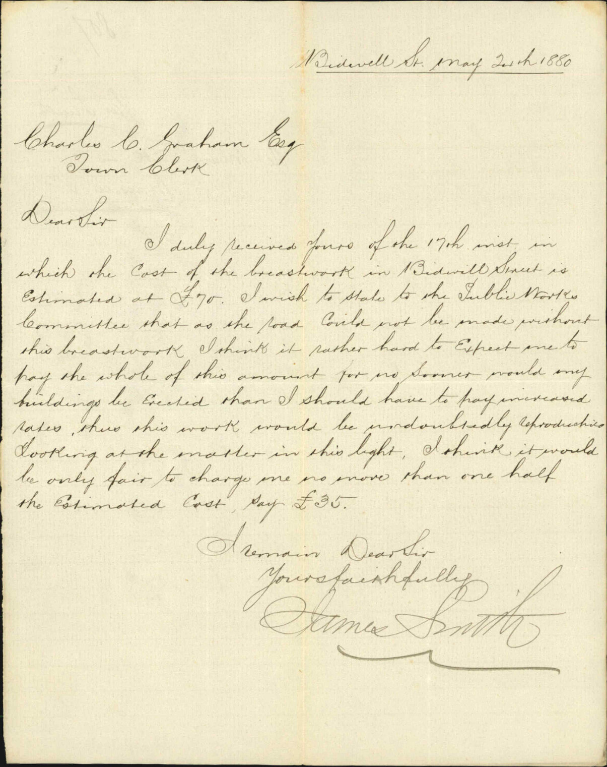 James Smith, regarding breastwork in Bidwell Street