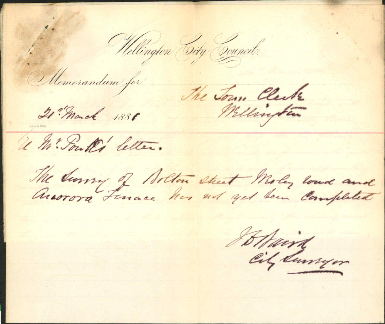 C P Powles, regarding formation of Aurora Terrace, Wesley Road etc