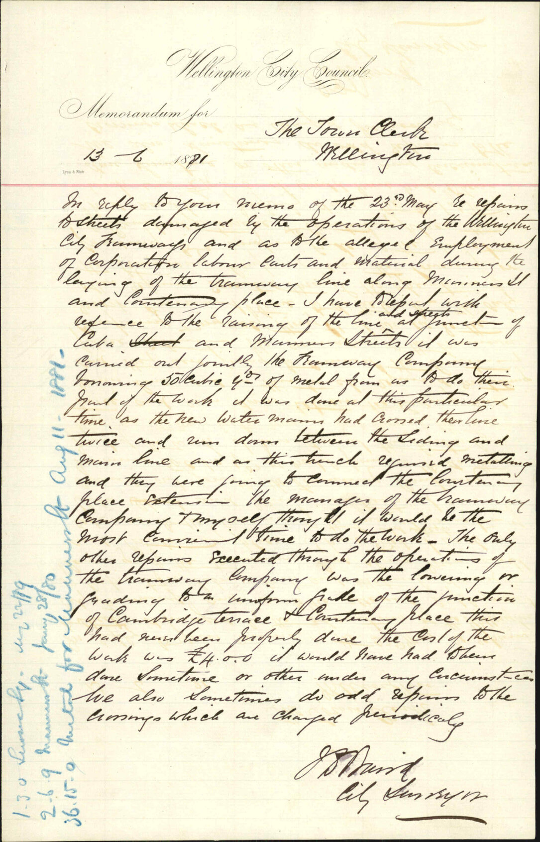 City Surveyor, report as to City Tramways repairs etc