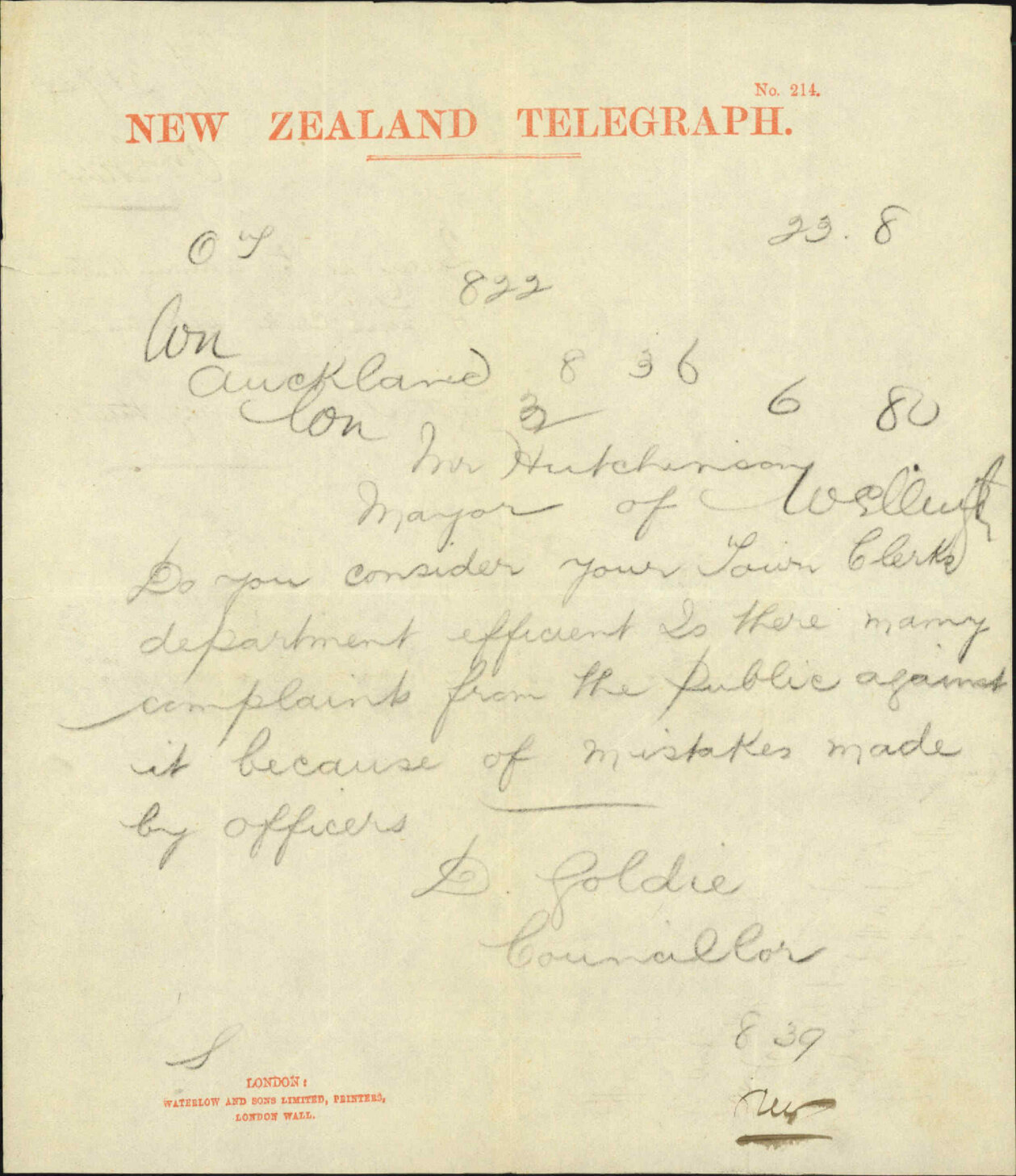 Councillor Goldie, query as to administration of Town Clerk department