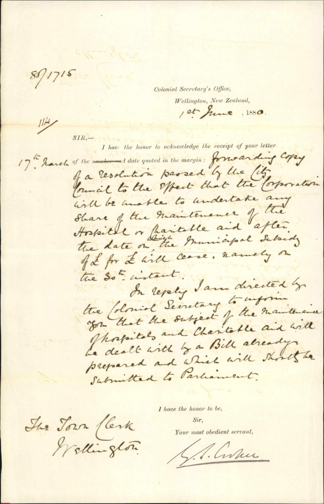 Colonial Secretary's Office, acknowledgement of receipt of resolution regarding maintenance of Hospital and charitable aid