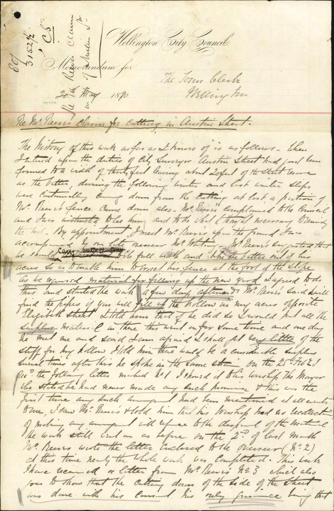 City Surveyor, full report in G Reeves claim in Austin Street cutting
