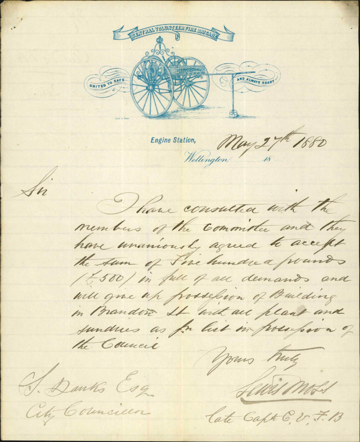 Central Volunteer Fire Brigade, acceptance of the Council's terms by the Committee