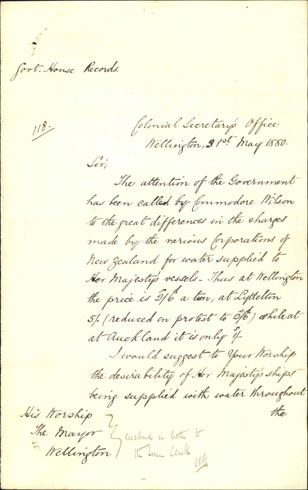 Colonial Secretary's Office, regarding supply of water at wharf to men of war