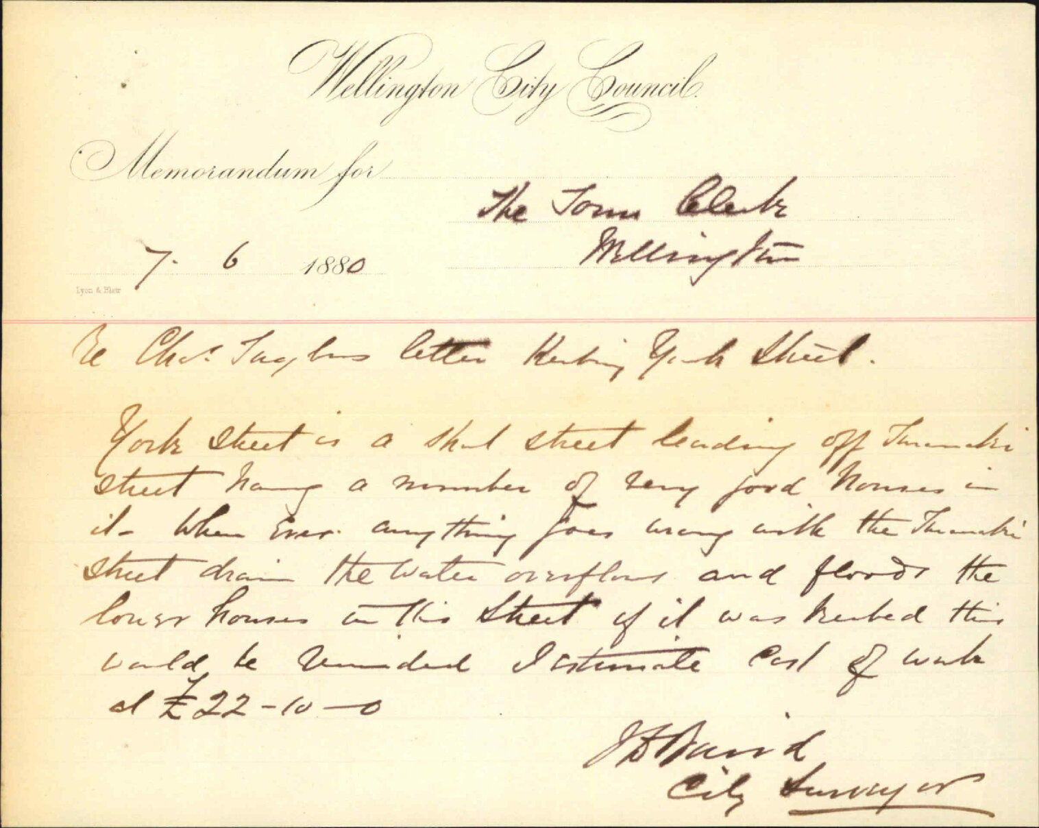 City Surveyor, regarding kerbing in York Street and Charles Taylor's application