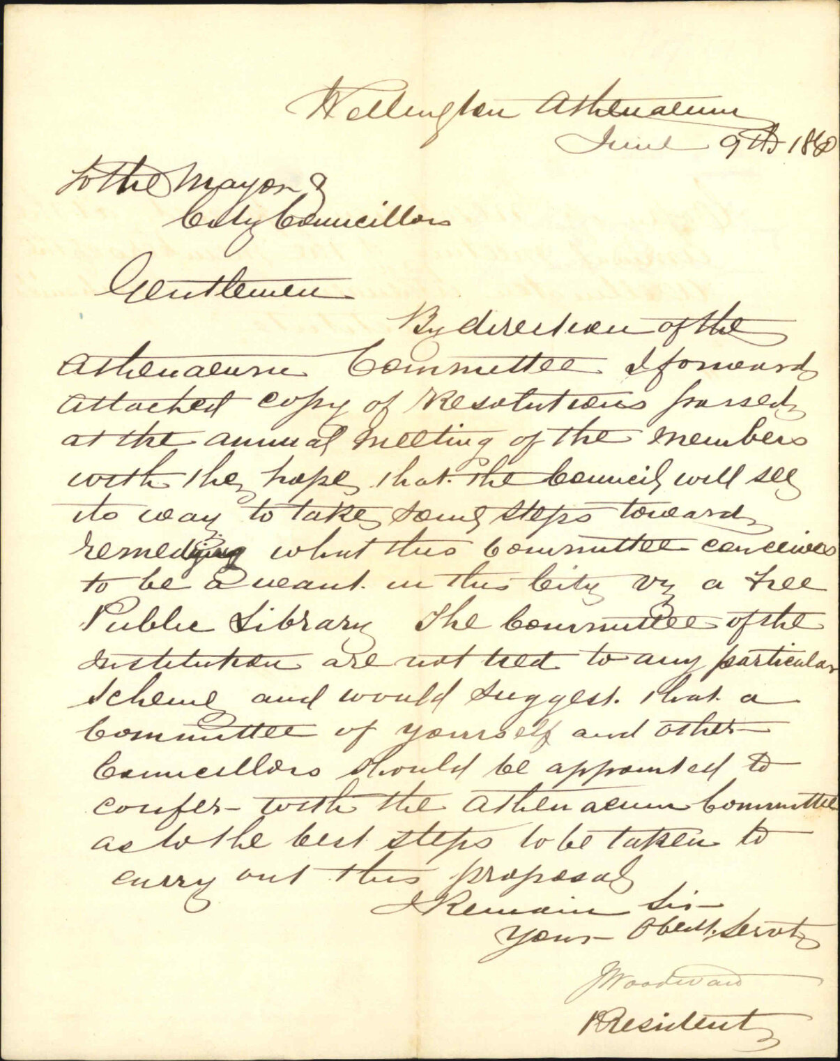 Wellington Athenaeum, regarding taking over the library for Public Library