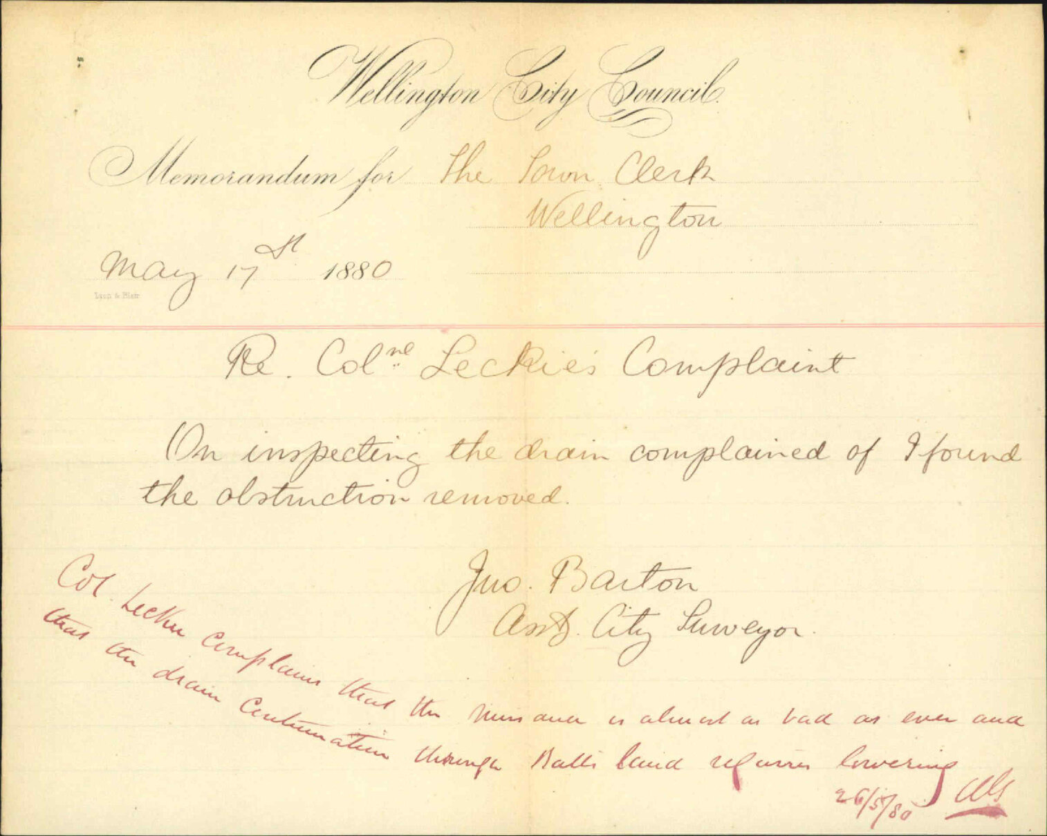Colonel Leckie, complaint as to stoppage of drains and follow-up of City Surveyors