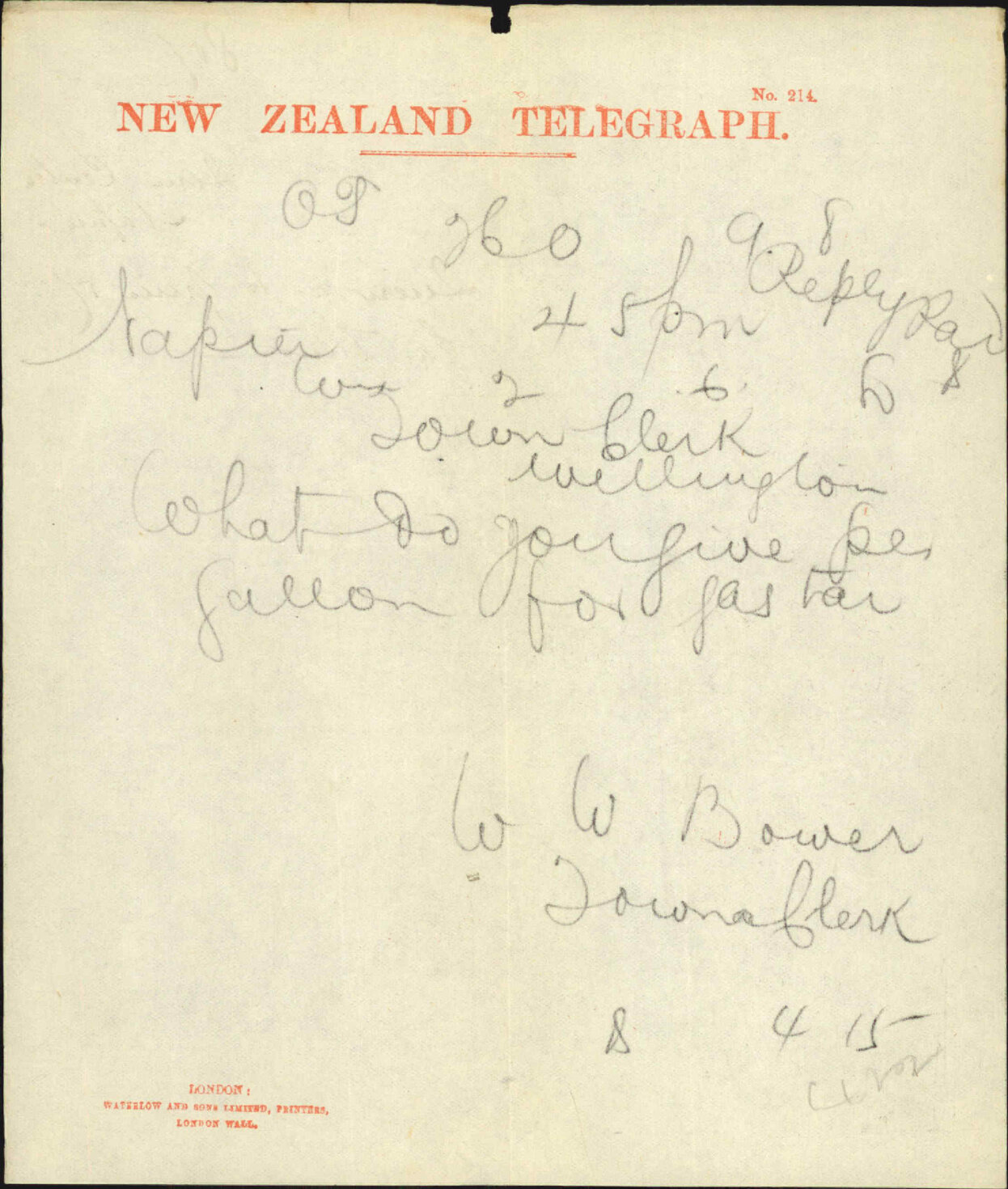Town Clerk, Napier, query as to price of gas tar