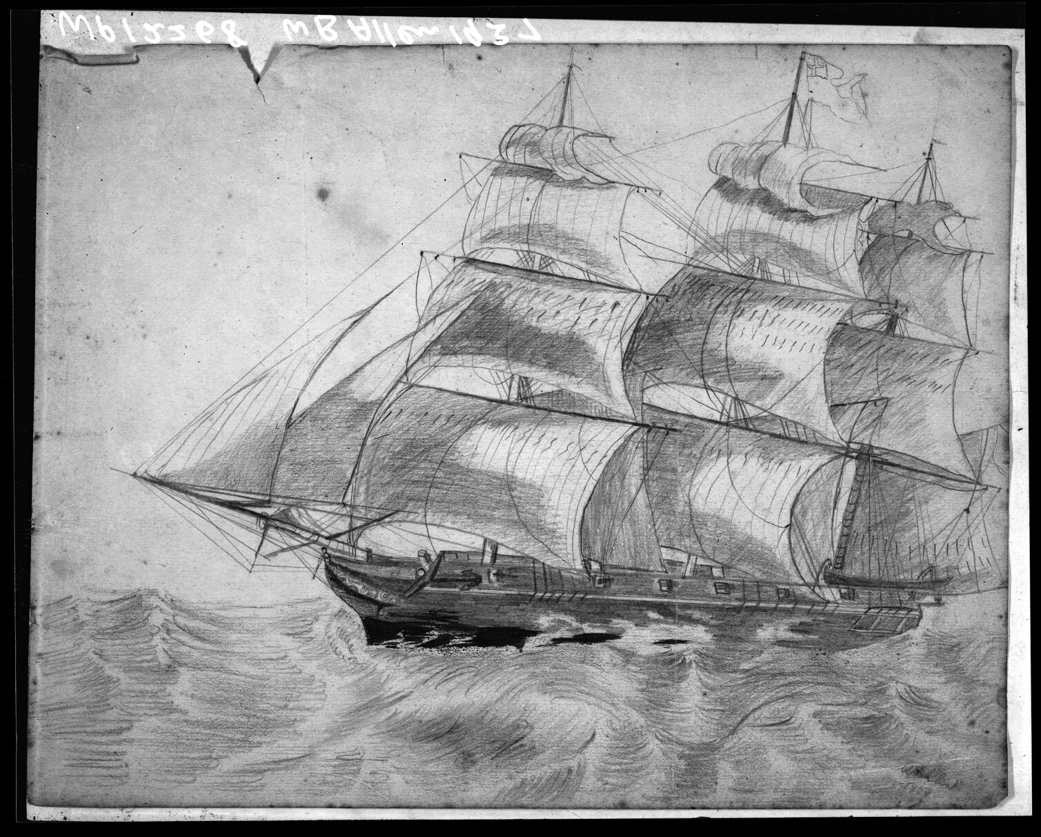 Copy photograph of a pencil drawing of a sailing ship, by W B Allen