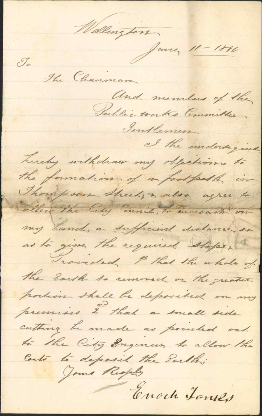 Enoch Tonks, withdrawing objection to proposed footpath in Thompson Street