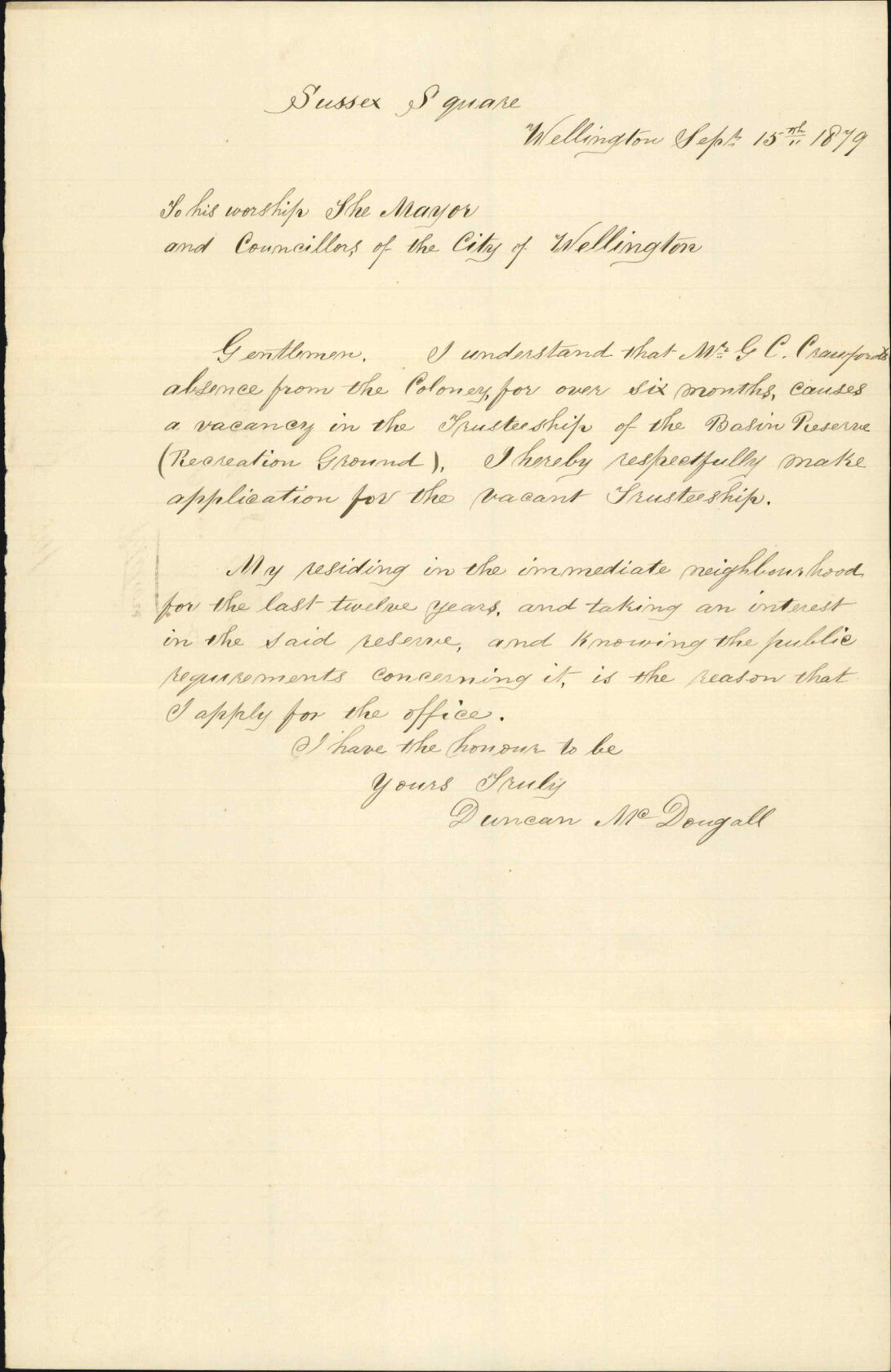 Re application for position in trusteeship of the Basin Reserve - Duncan McDougall, Sussex Square