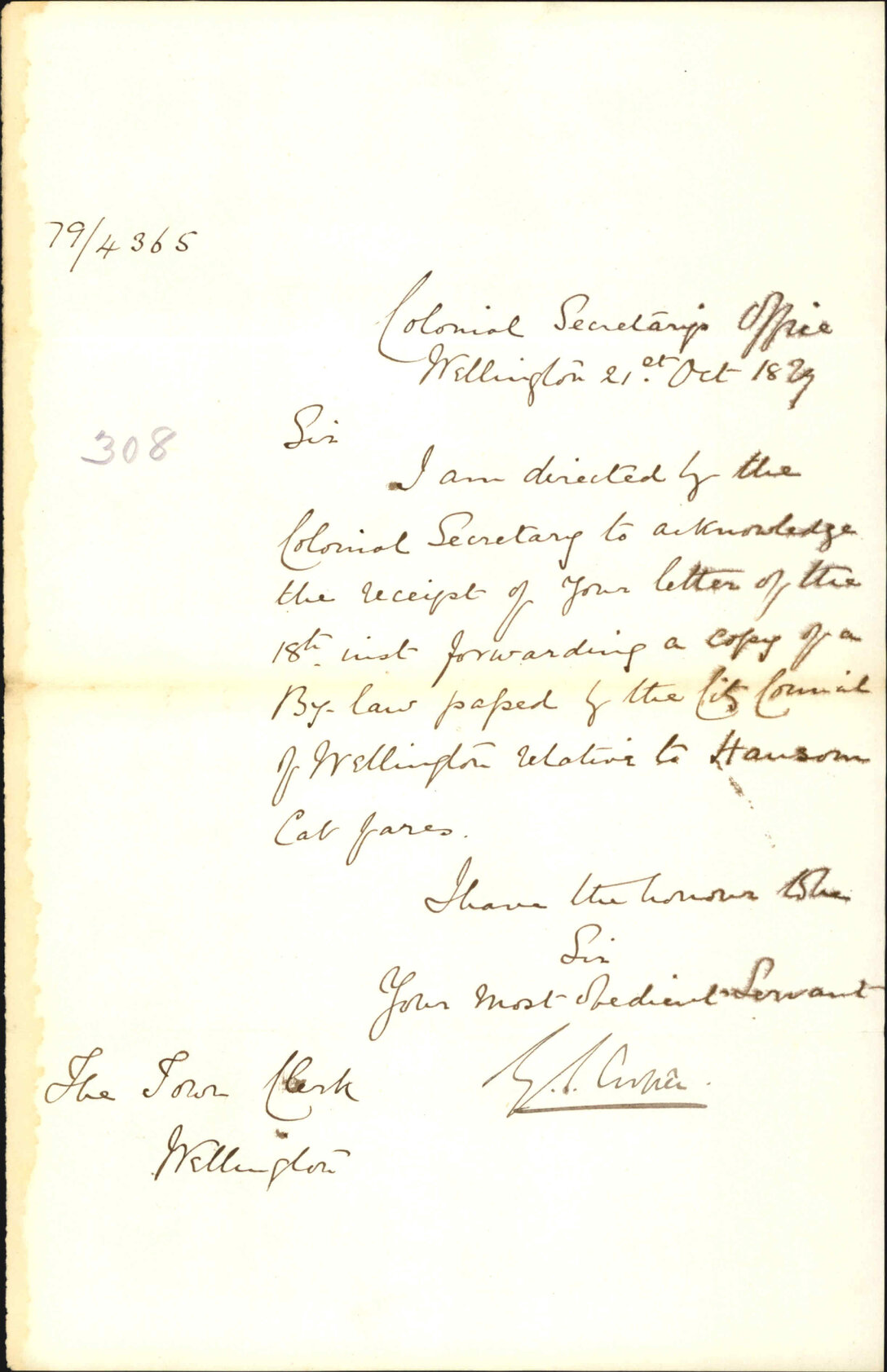 Acknowledging receipt of letter re hansom cab bylaw - Colonial Secretary's Office