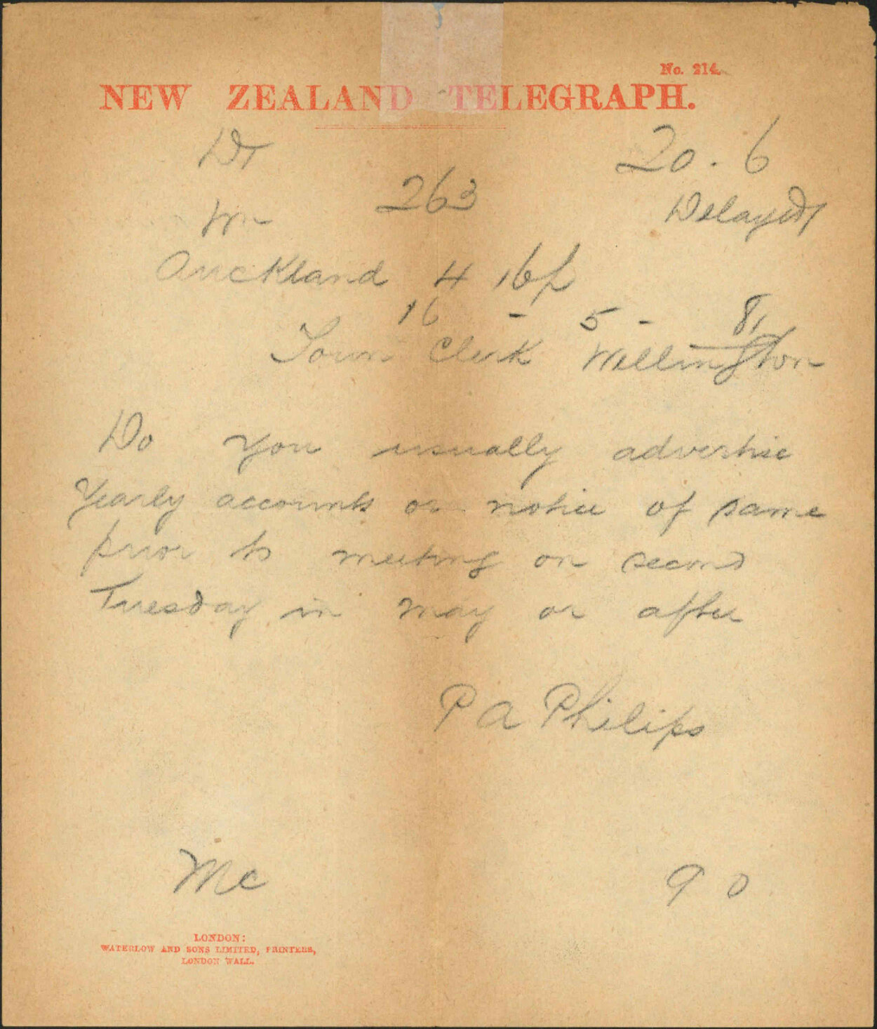 Town Clerk, Auckland, regarding advertising annual accounts