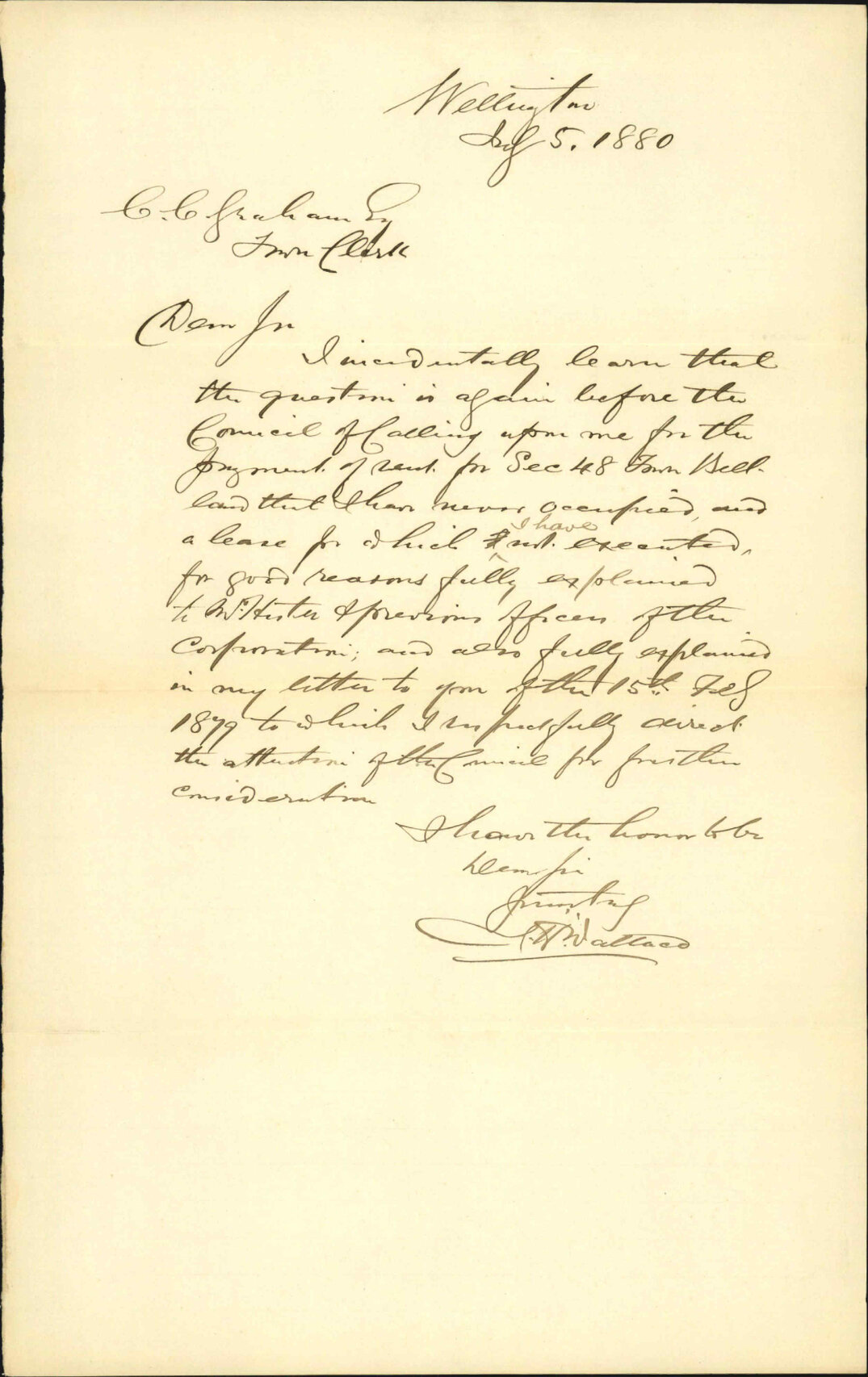 J H Wallace, regarding rent of Town Belt