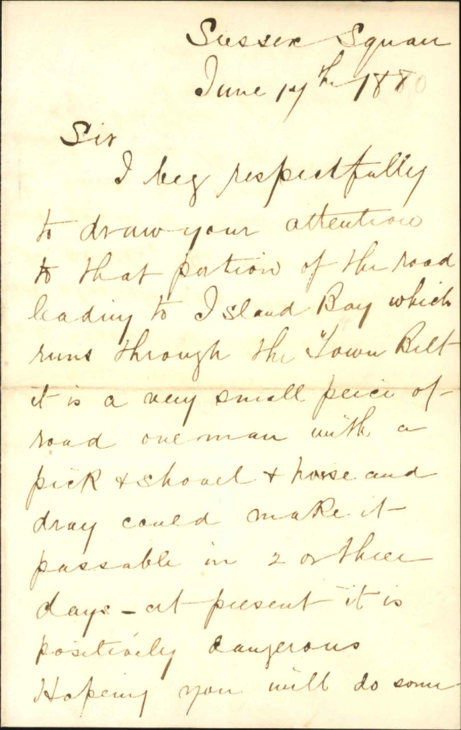 J B Smith, application for road through Town Belt to Island Bay