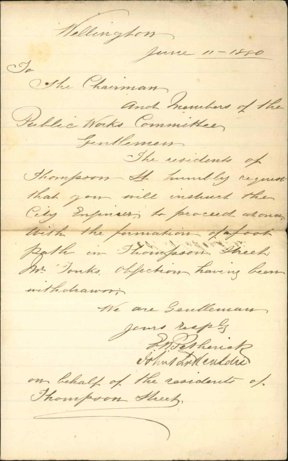 G W Pethenick, requesting that a footpath be provided in Thompson Street