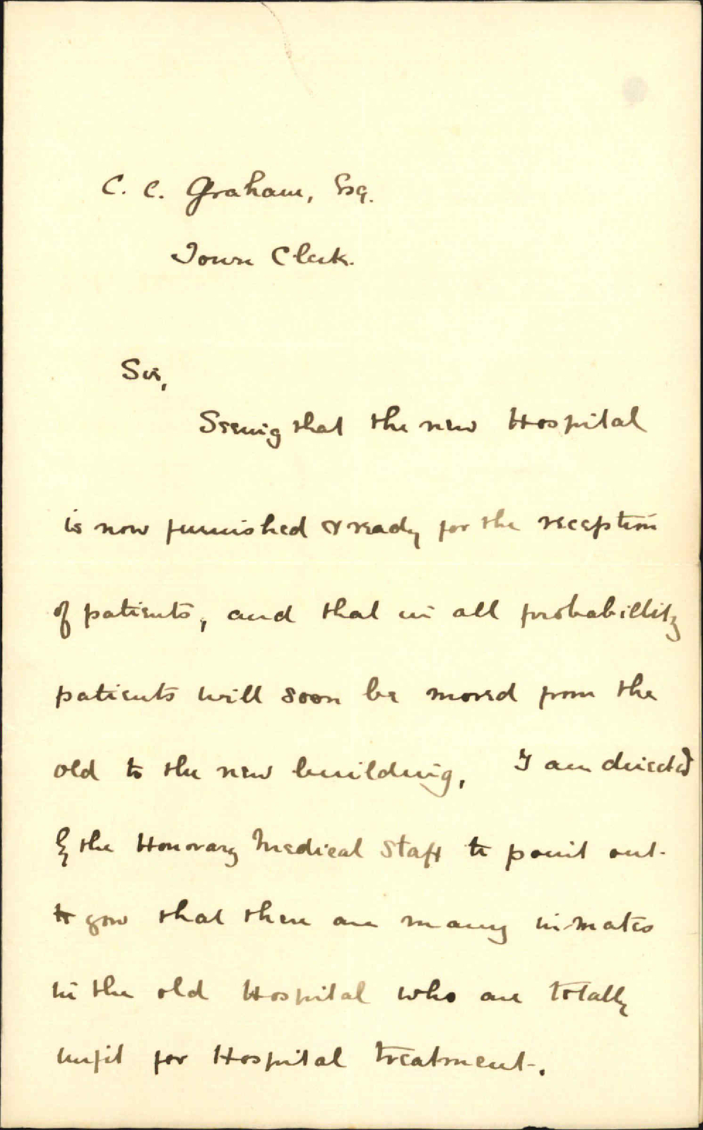 Honorary Hospital Staff, regarding removal of old patients to new hospital