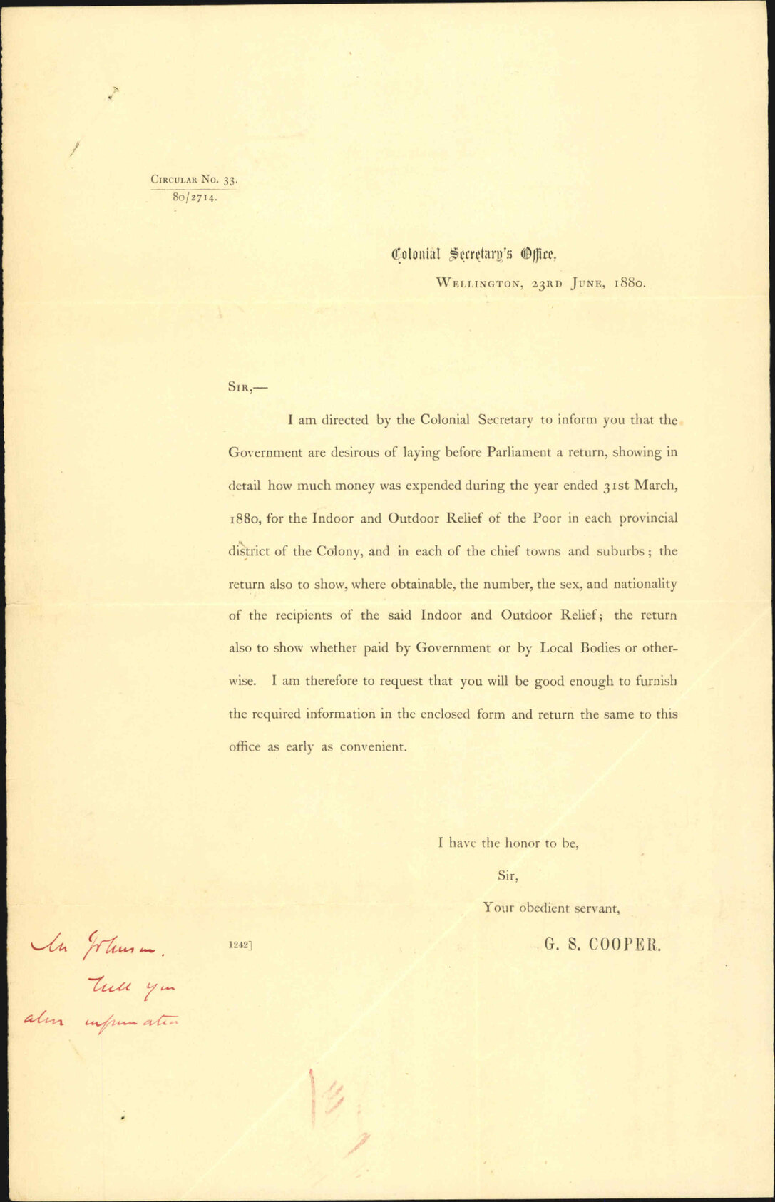 Colonial Secretary's Office, asking for statistics regarding charitable aid