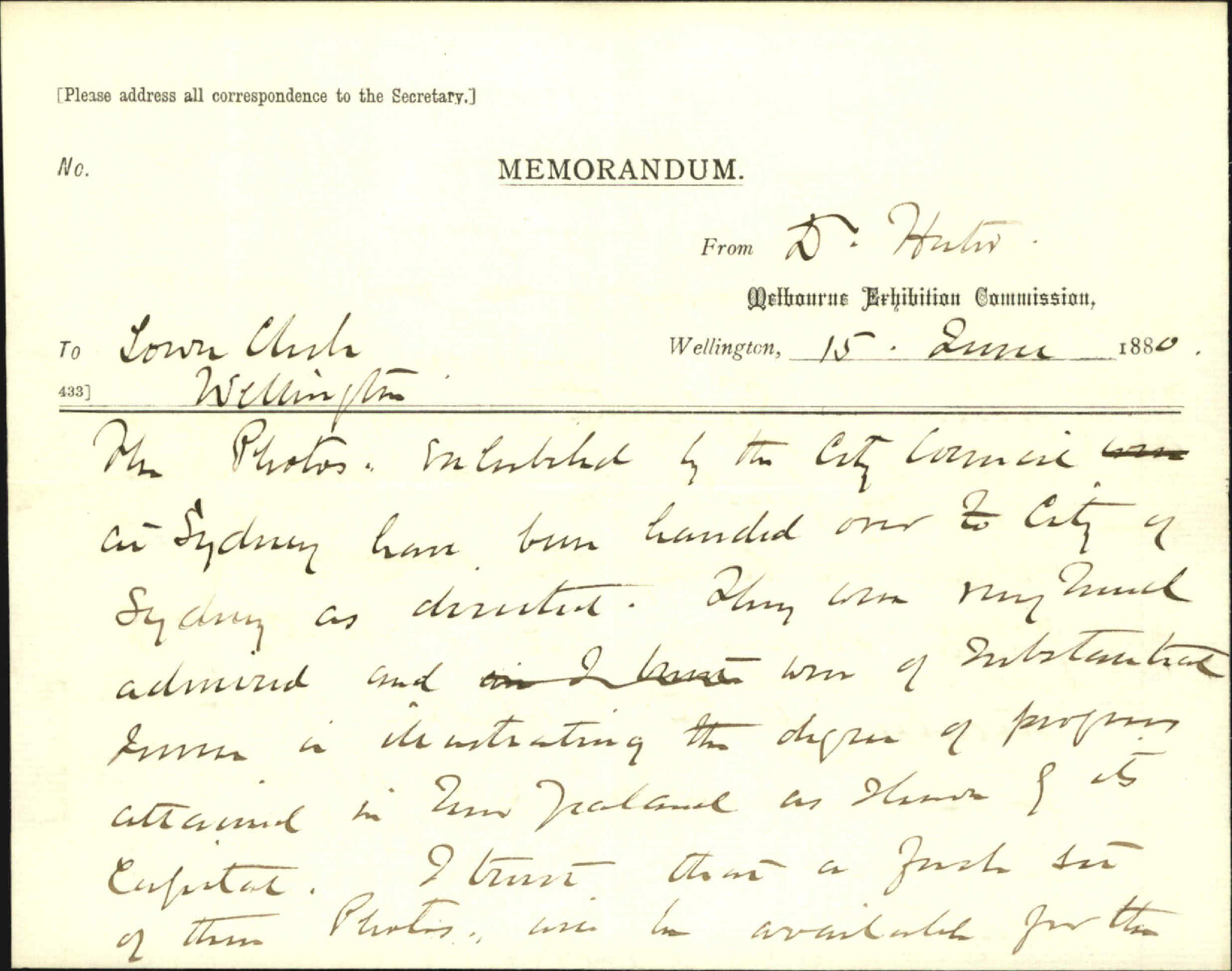 Melbourne Exhibition Commission, regarding photos sent to exhibition