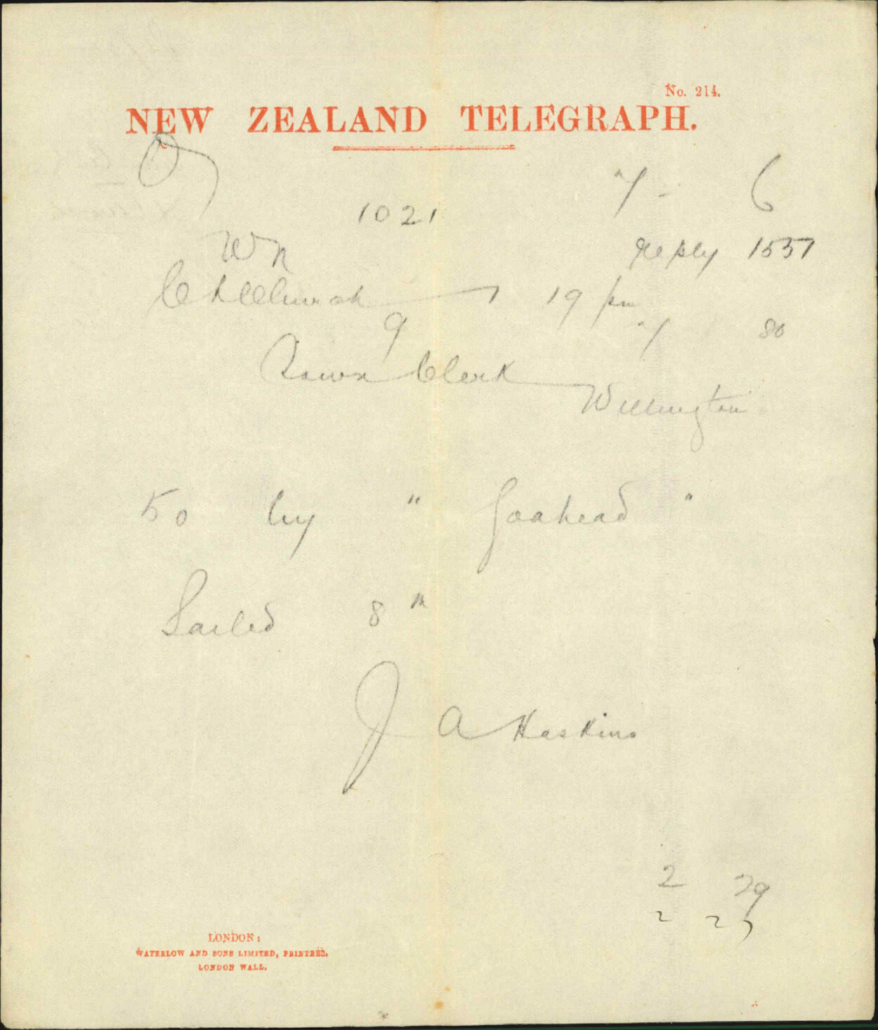 Town Clerk, Christchurch, advising shipment of sundry blocks for "Goahead"