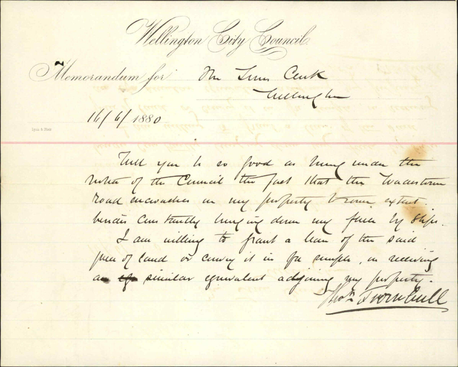Thomas Turnbull, regarding encroachment by Wadestown Road in his property