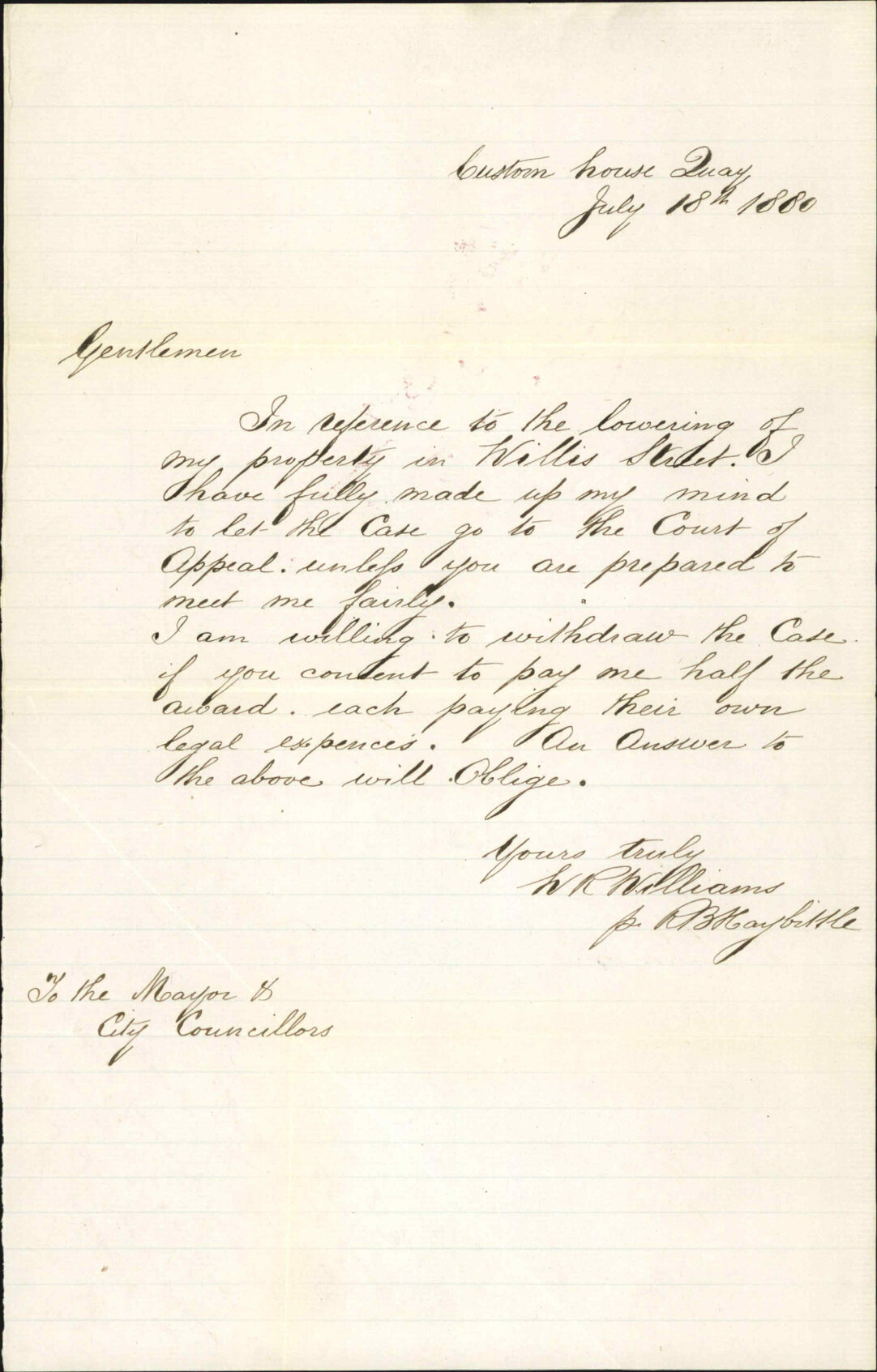 W R Williams, offer to compromise regarding Willis Street case