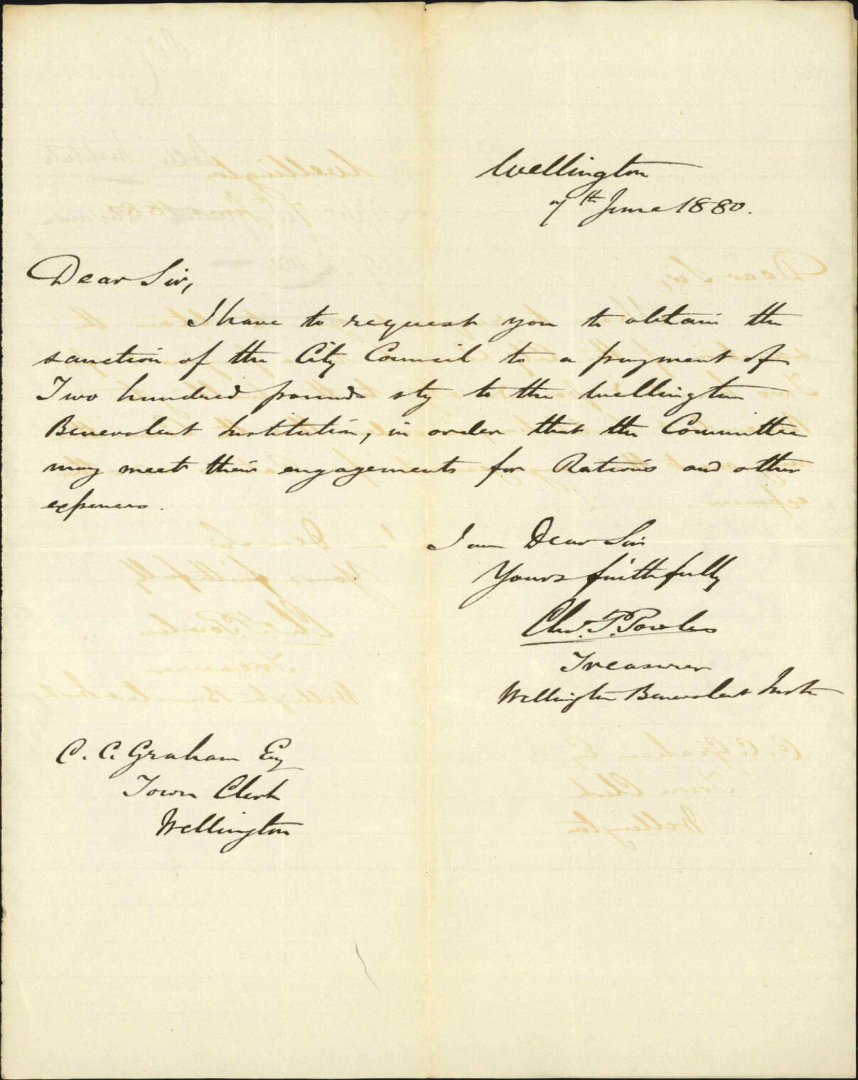 Wellington Benevolent Institution, application for advance of &pound;200