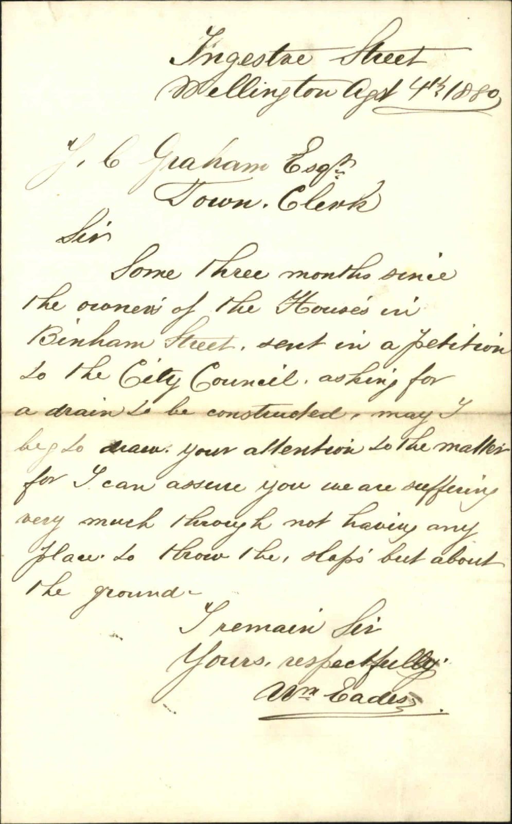 William Eades, regarding drain in Binham Street
