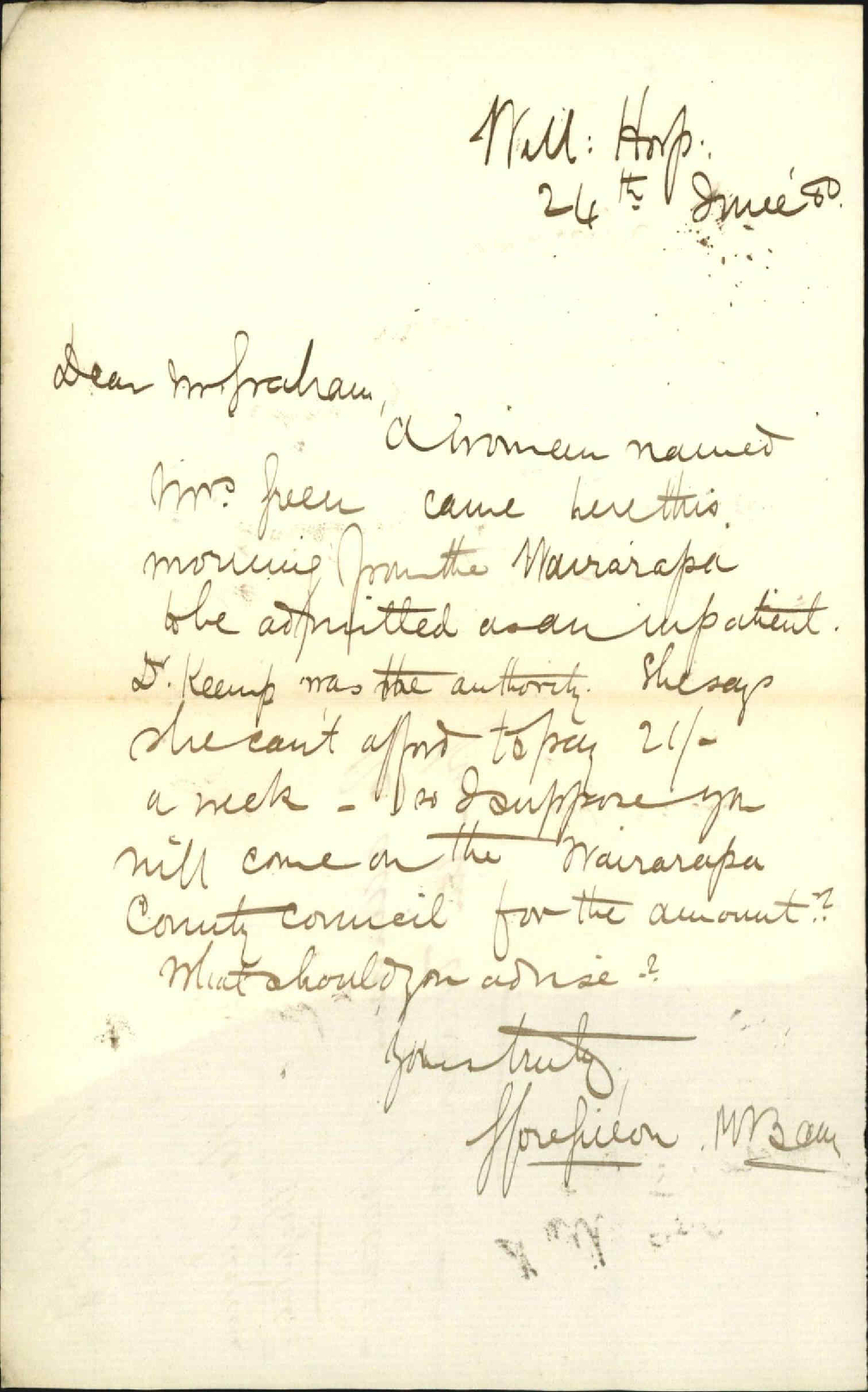 Resident Surgeon Wellington Hospital, regarding admission of patient from the Wairarapa