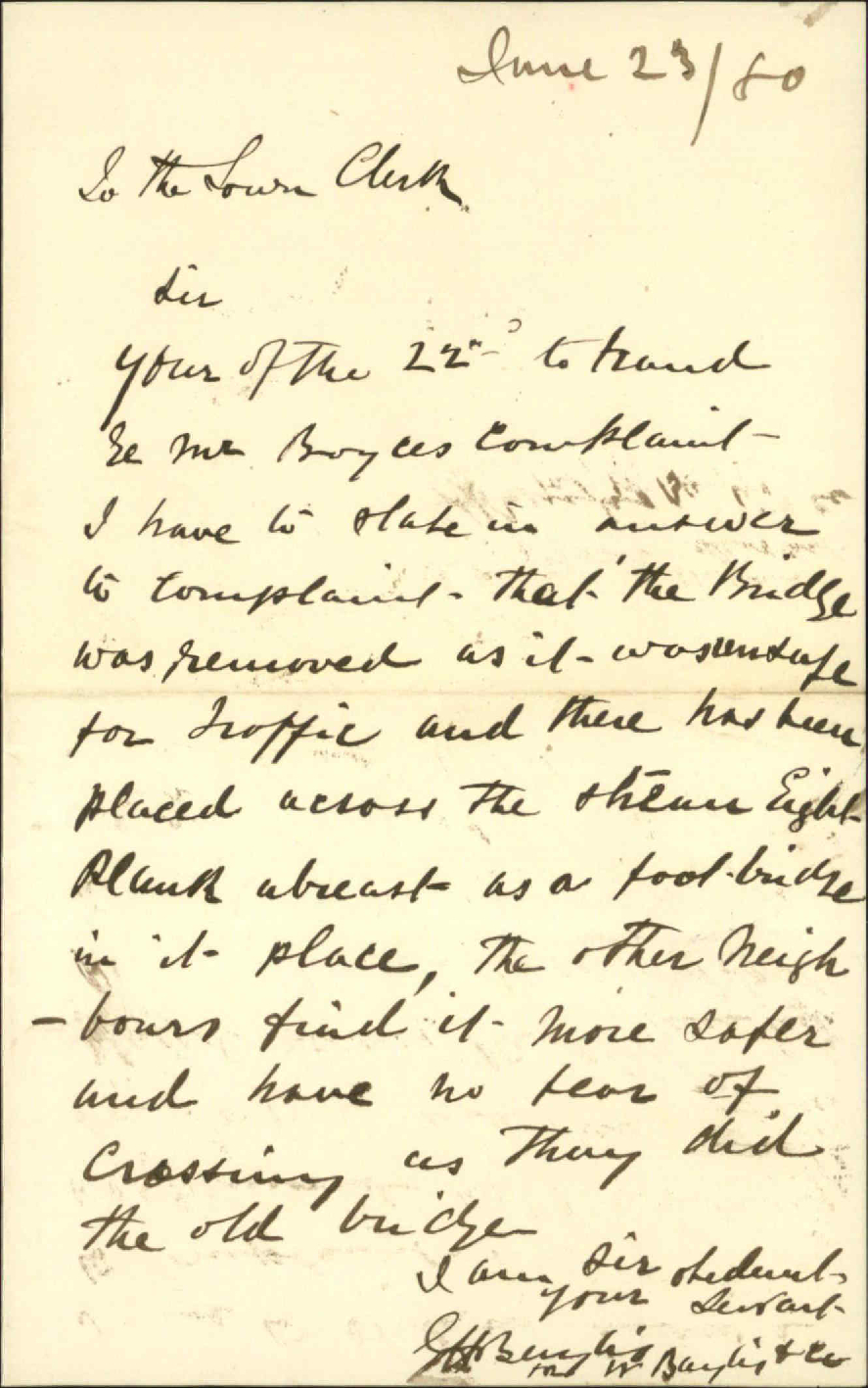 G H Baylis, regarding complaint as to removal of bridge in Kent Terrace