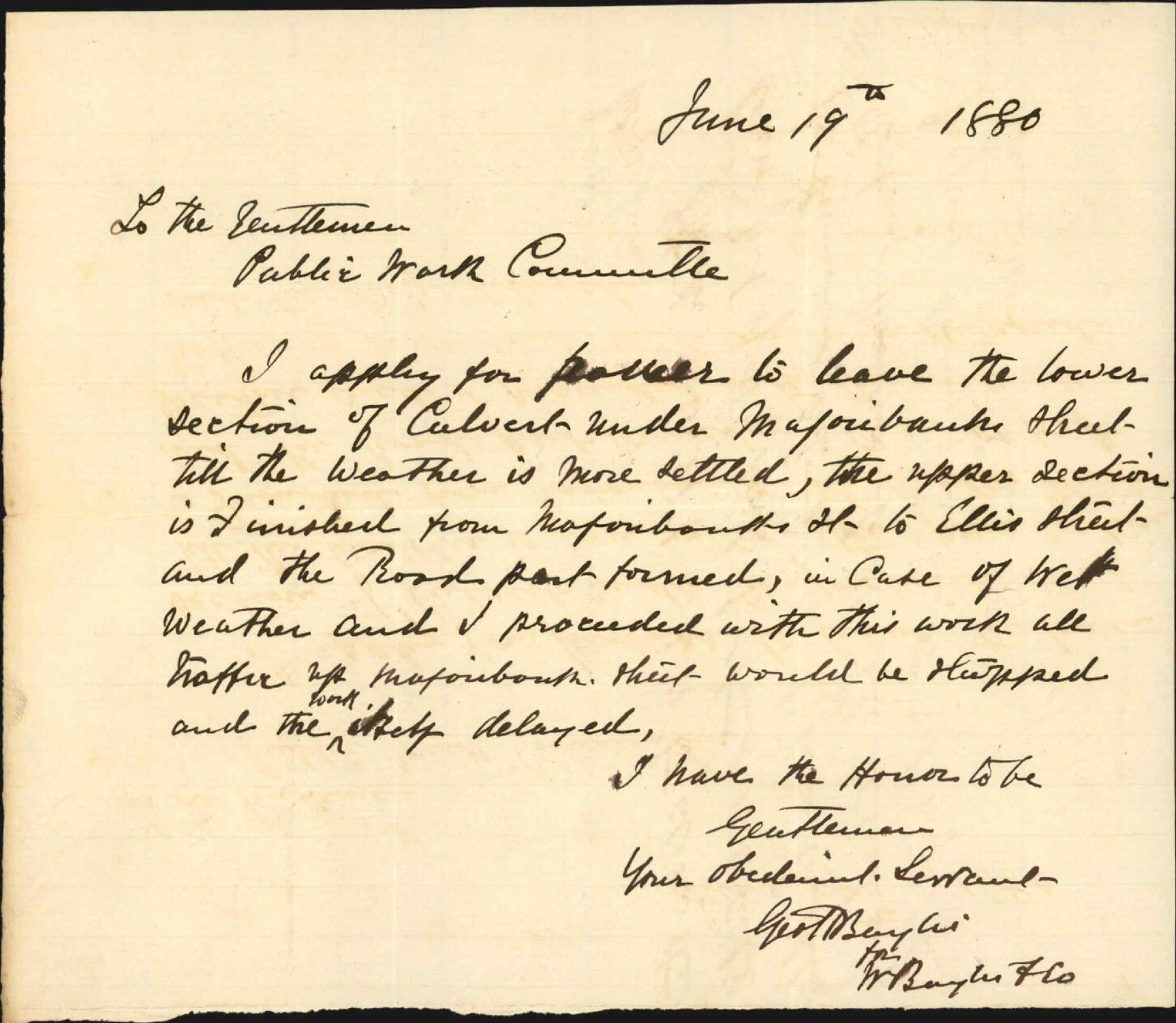 G H Baylis, application for postponement of contract. Culvert in Majoribanks Street