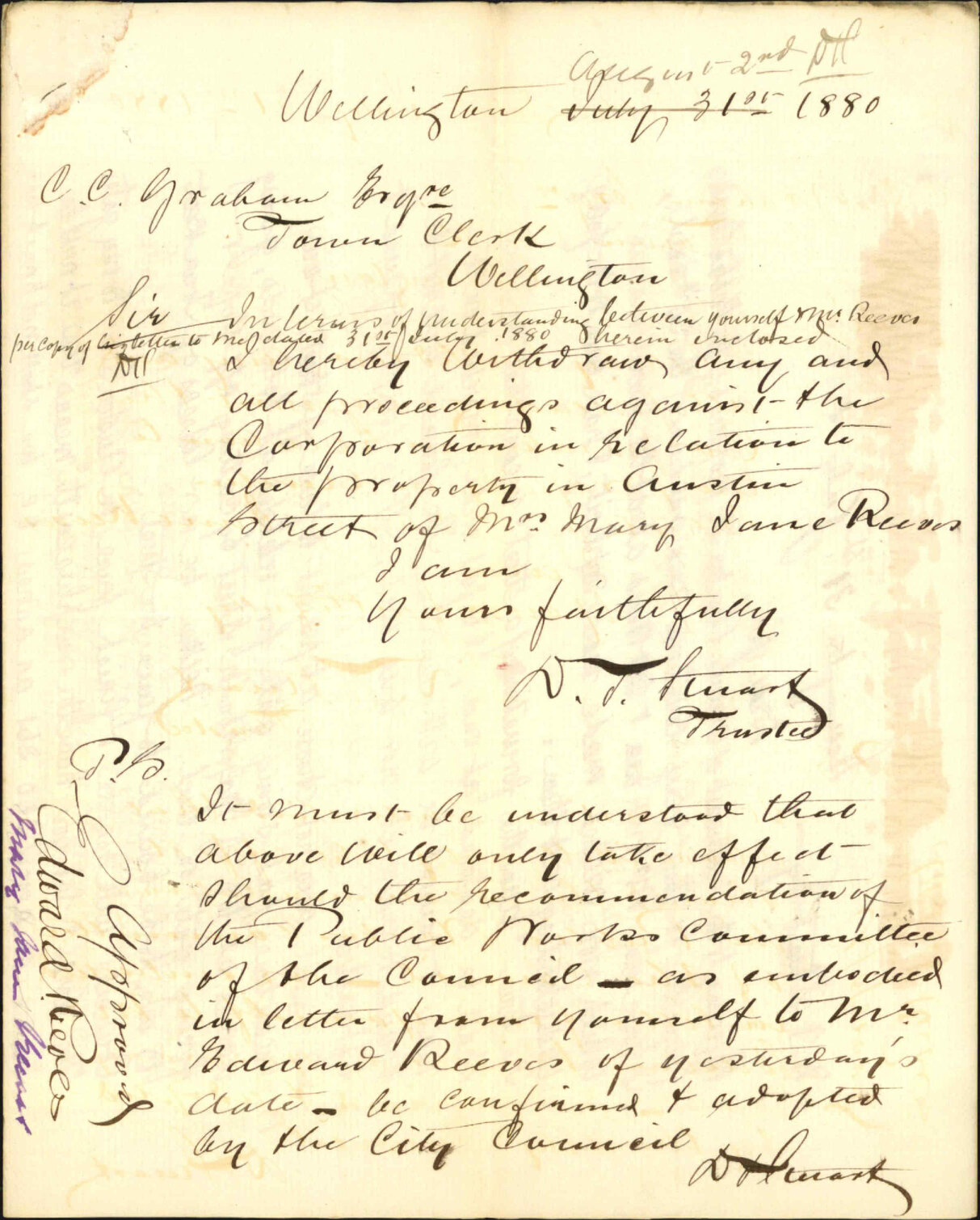 D J Stuart, withdrawing action on part of Mr Reeves regarding Austin Street cutting