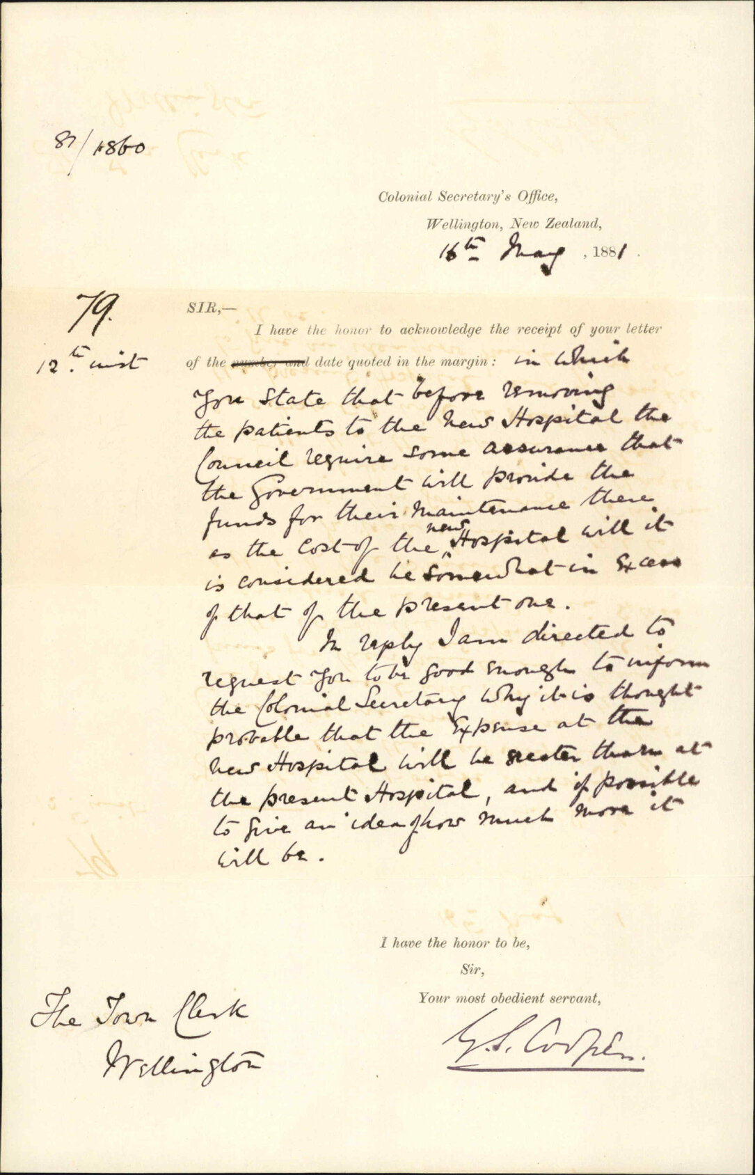 Colonial Secretary's Office, regarding probable expense of administration of new hospital
