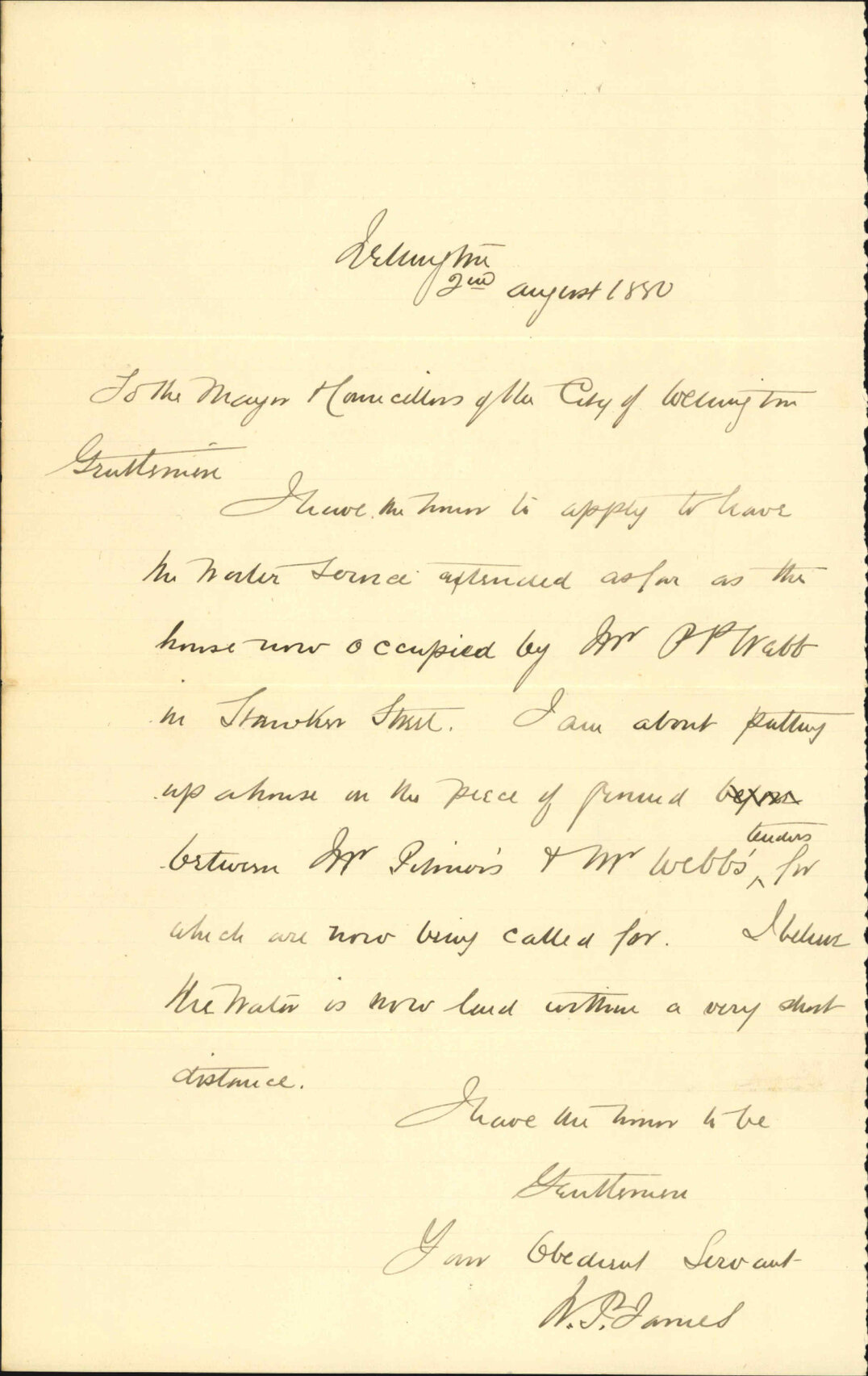 W P James, application for extension of water main