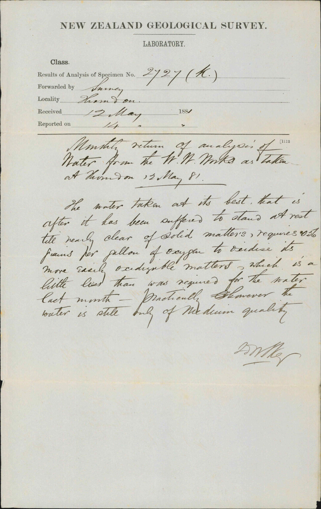 Colonial Museum, report in water supply (monthly analysis)