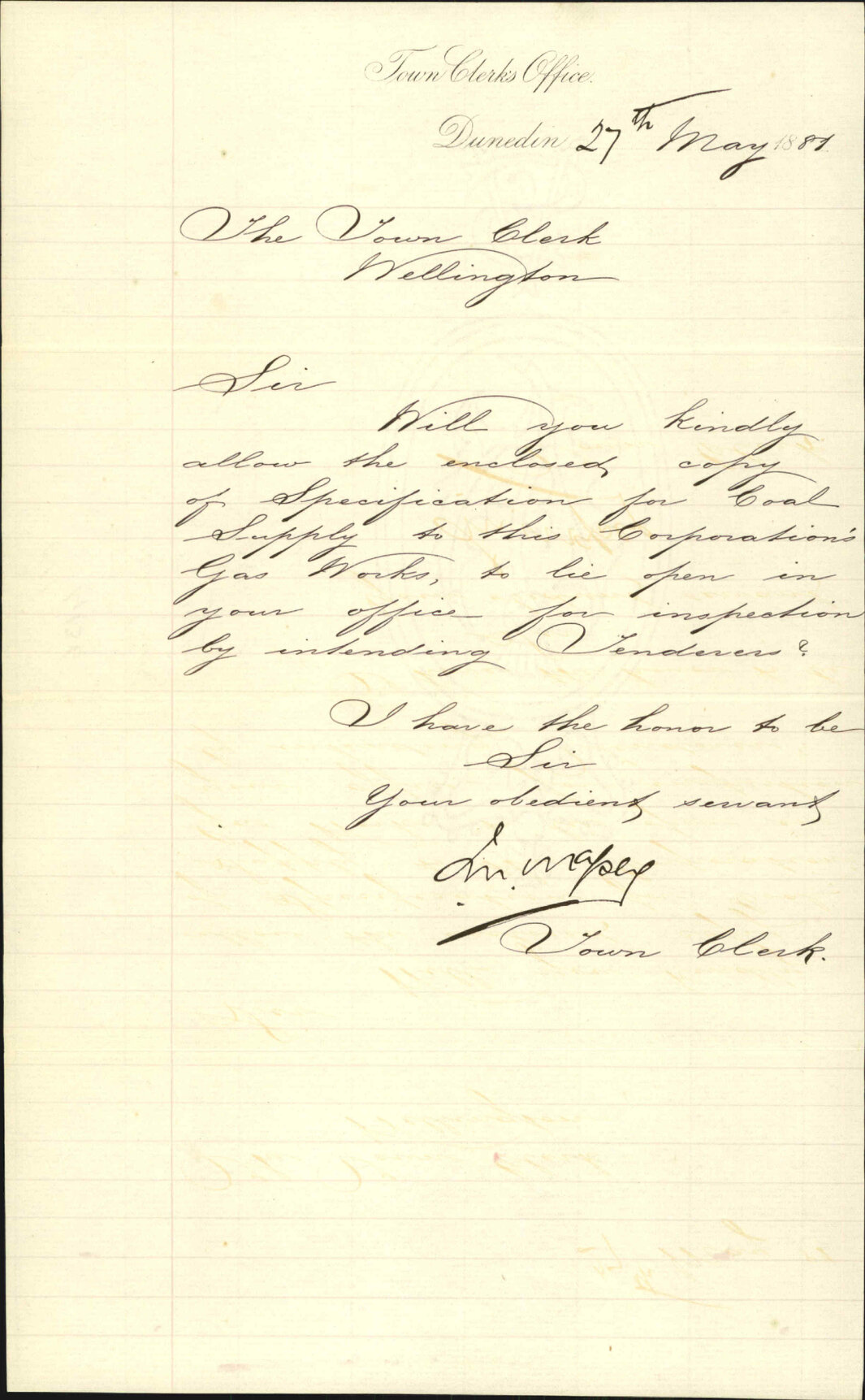 Town Clerk, Dunedin, forwarding specifications for coal supply