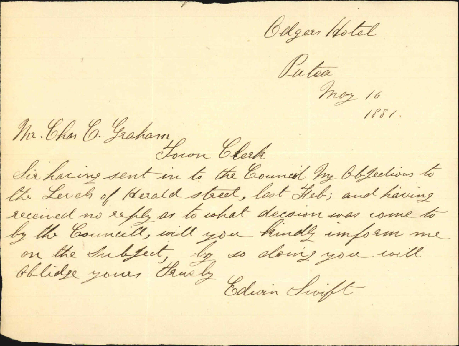 Edwin Swift, regarding levels of Herald Street