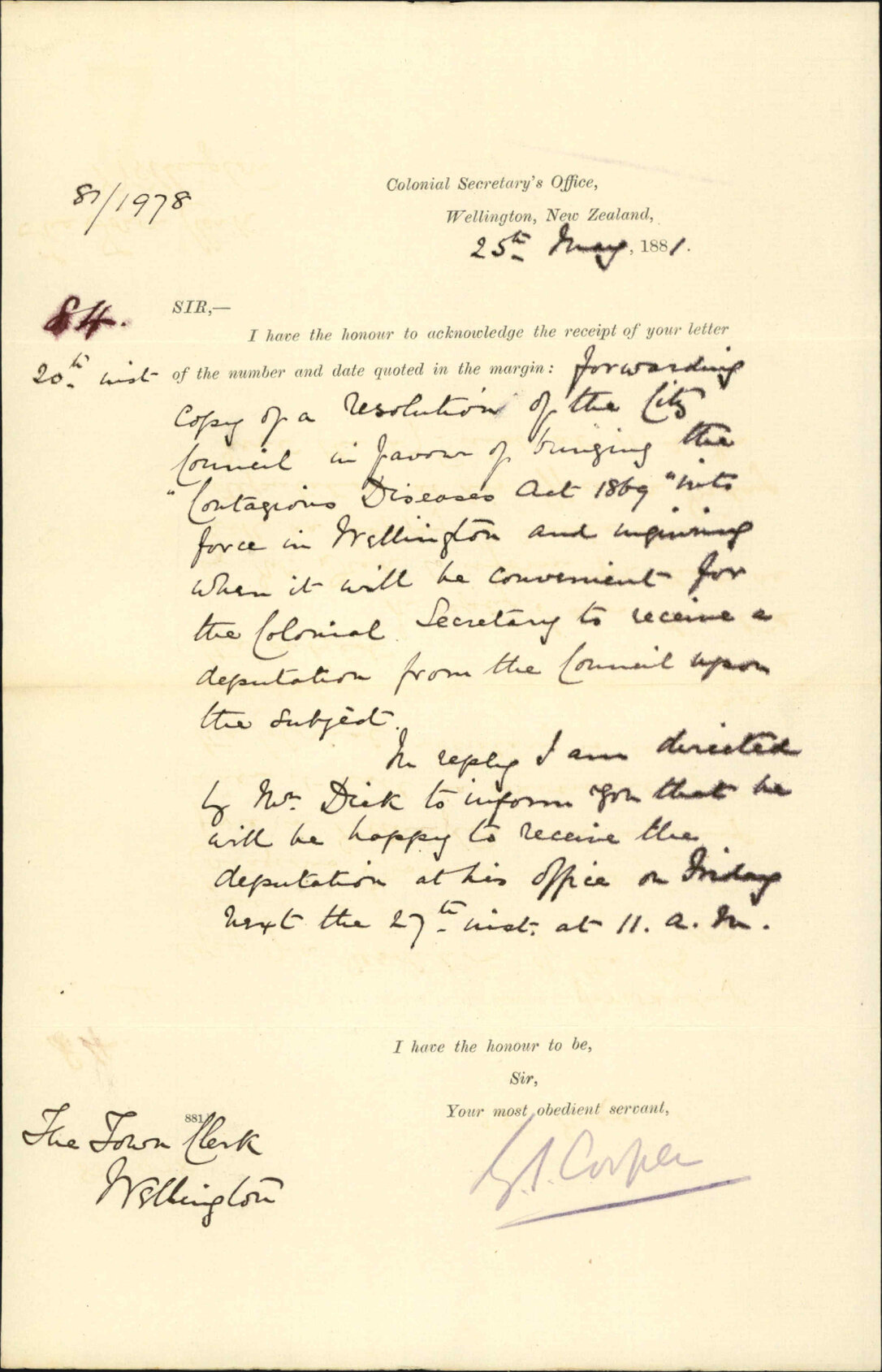 Colonial Secretary's Office, to receive deputation regarding "Contagious Diseases Act"