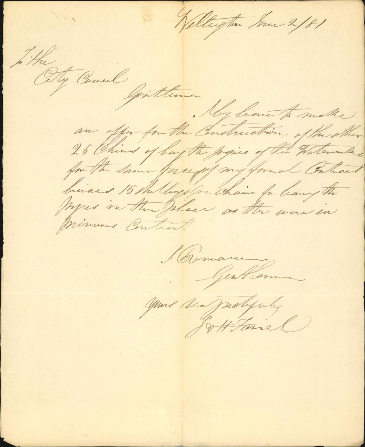 J H Farrell, offer to lay balance of pipes at water works at same price as per contract
