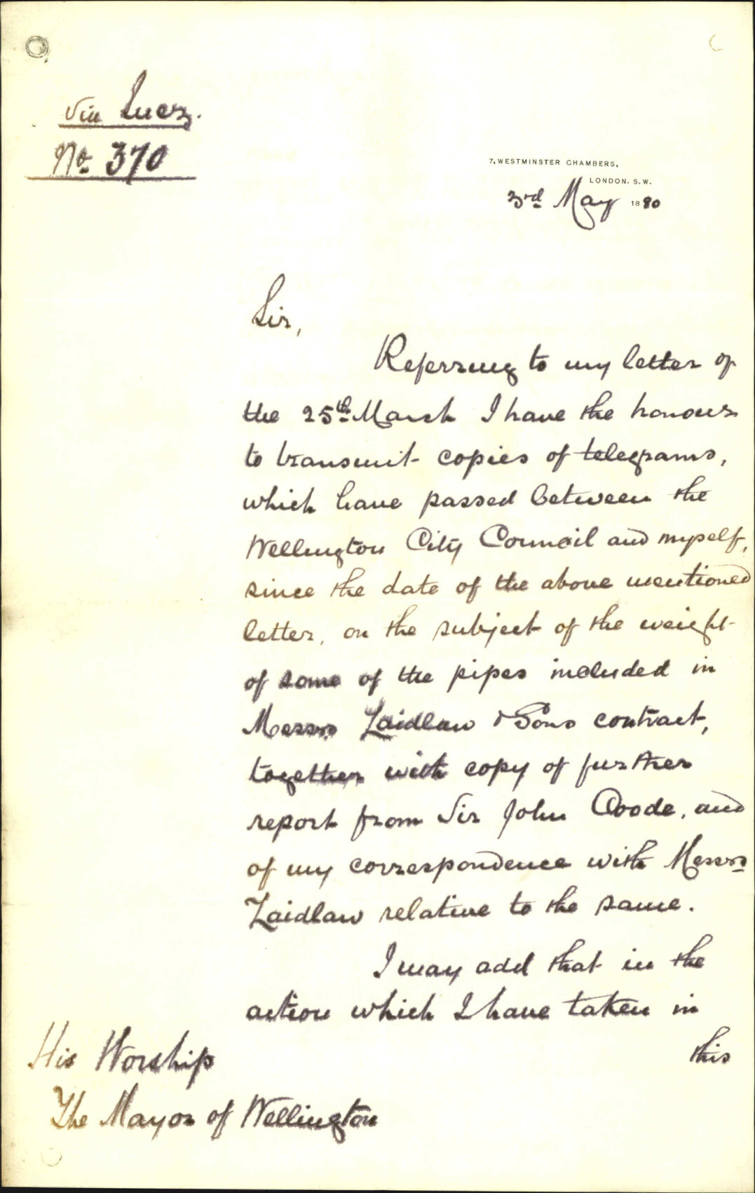 Agent General, accompanying telegrams, correspondence regarding alterations of weight of pipes and R Laidlaw and Sons