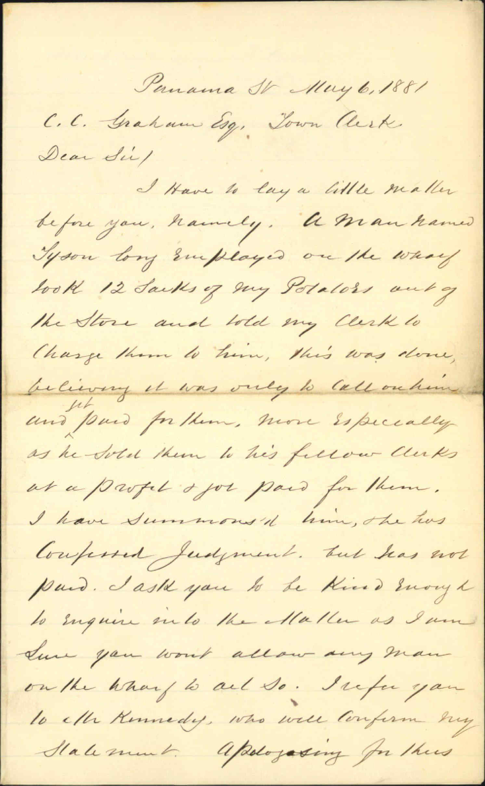 George Thomas, complaint against Thomas Tyson - wharf storeman
