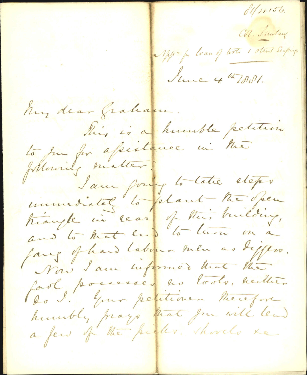 Colonial Secretary, application for loan of tools and strut scrapings