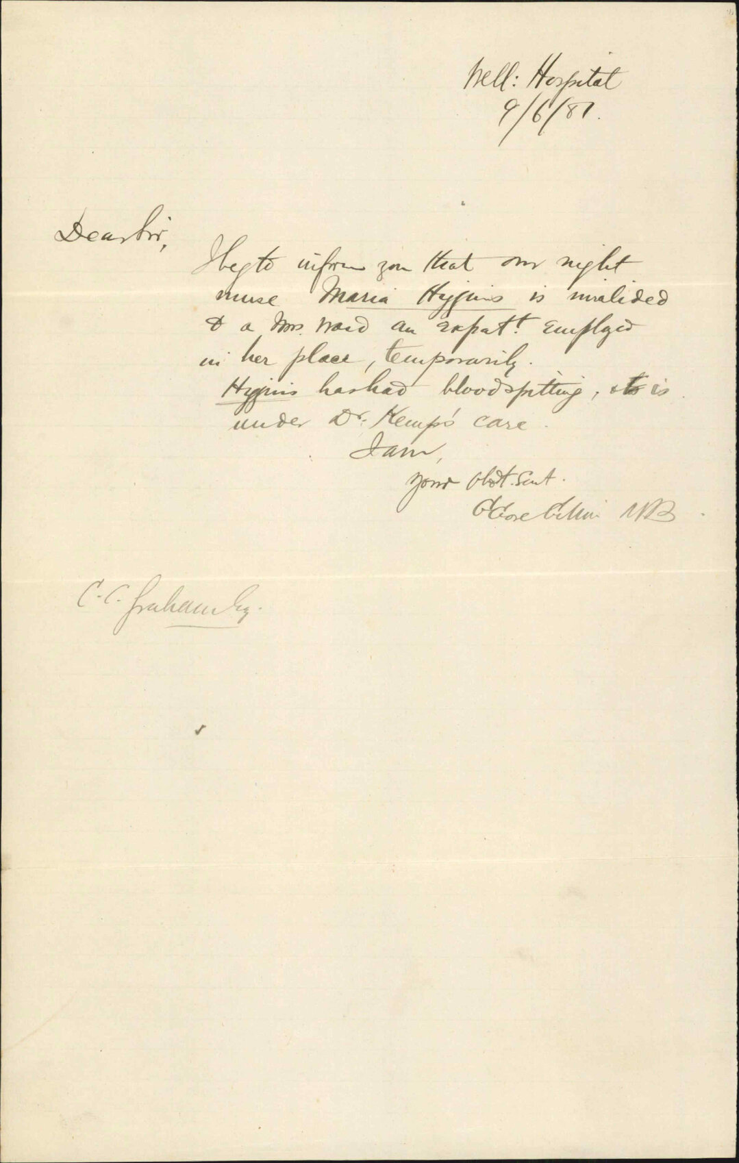 Hospital Surgeon, one of the nurses at hospital unwell [Maria Higgins]