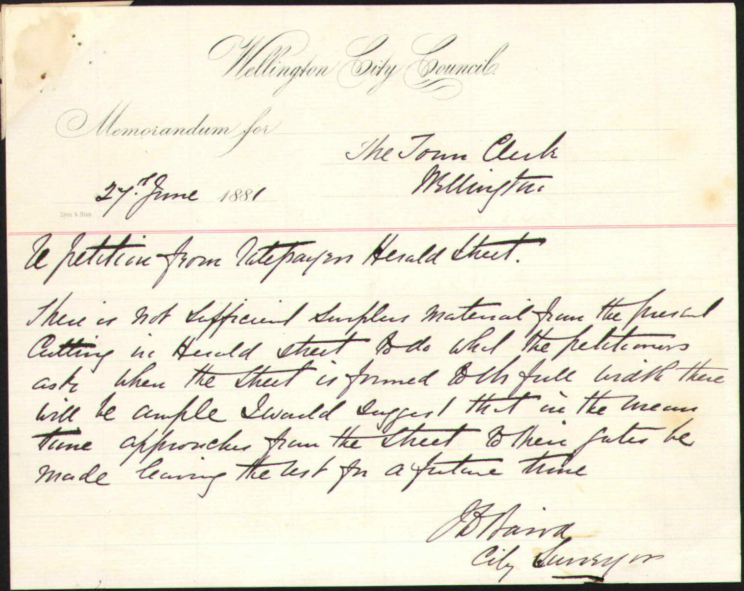 Petition, regarding formation of Herald Street
