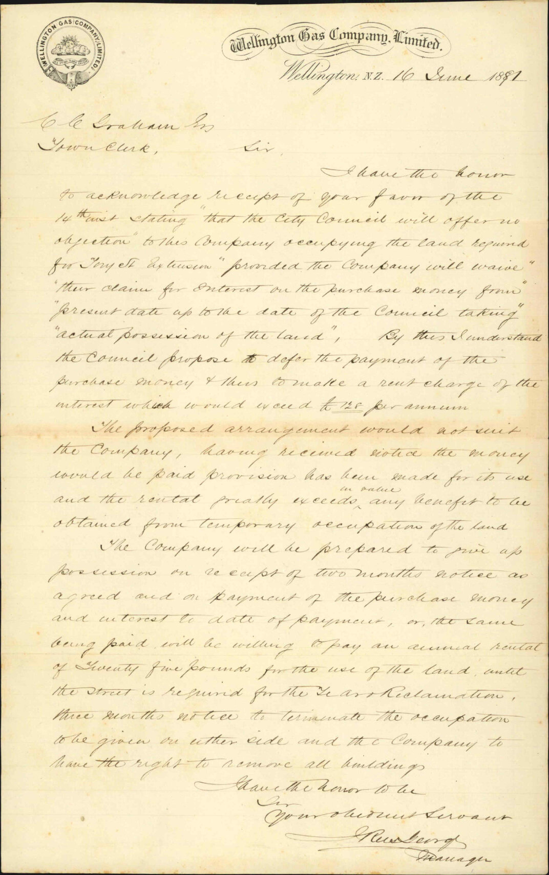 Wellington Gas Company, regarding extension of Tory Street