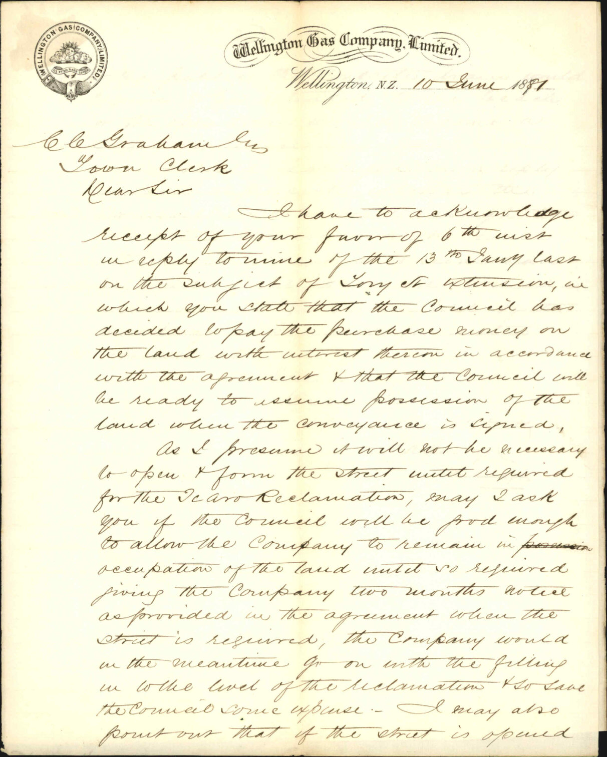 Wellington Gas Company, regarding extension of Tory Street