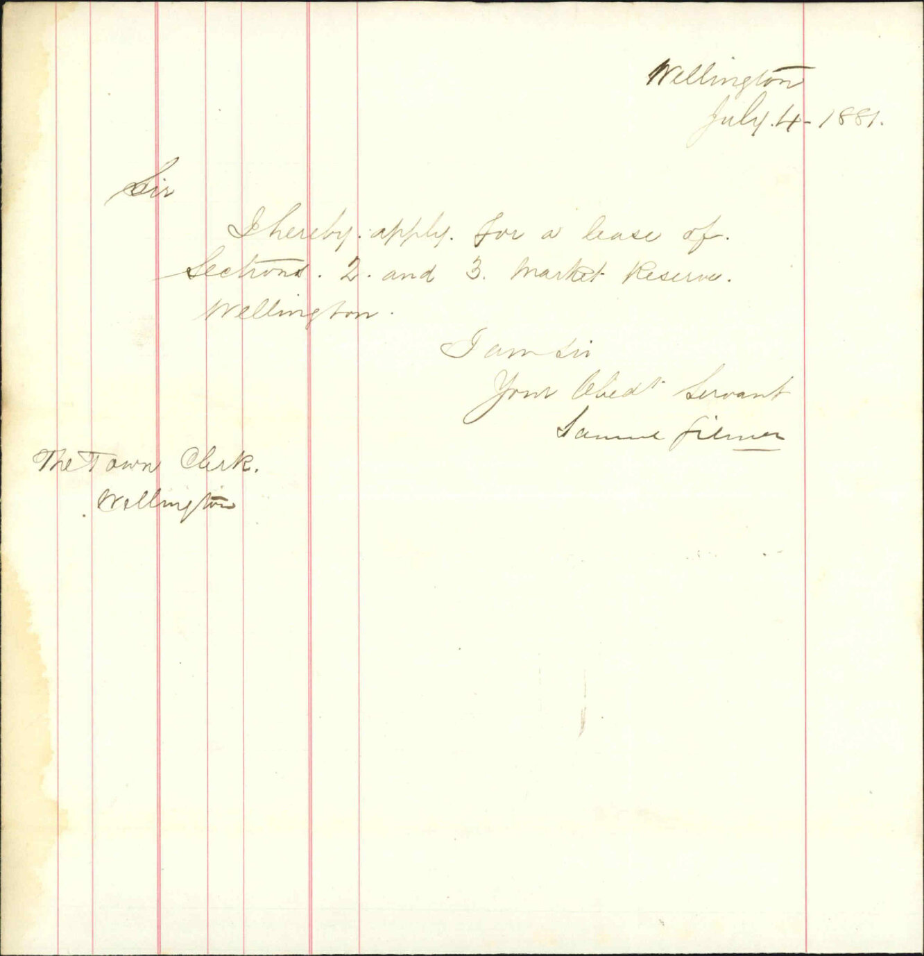 Samuel Gilmer, application to lease part of Market Reserve