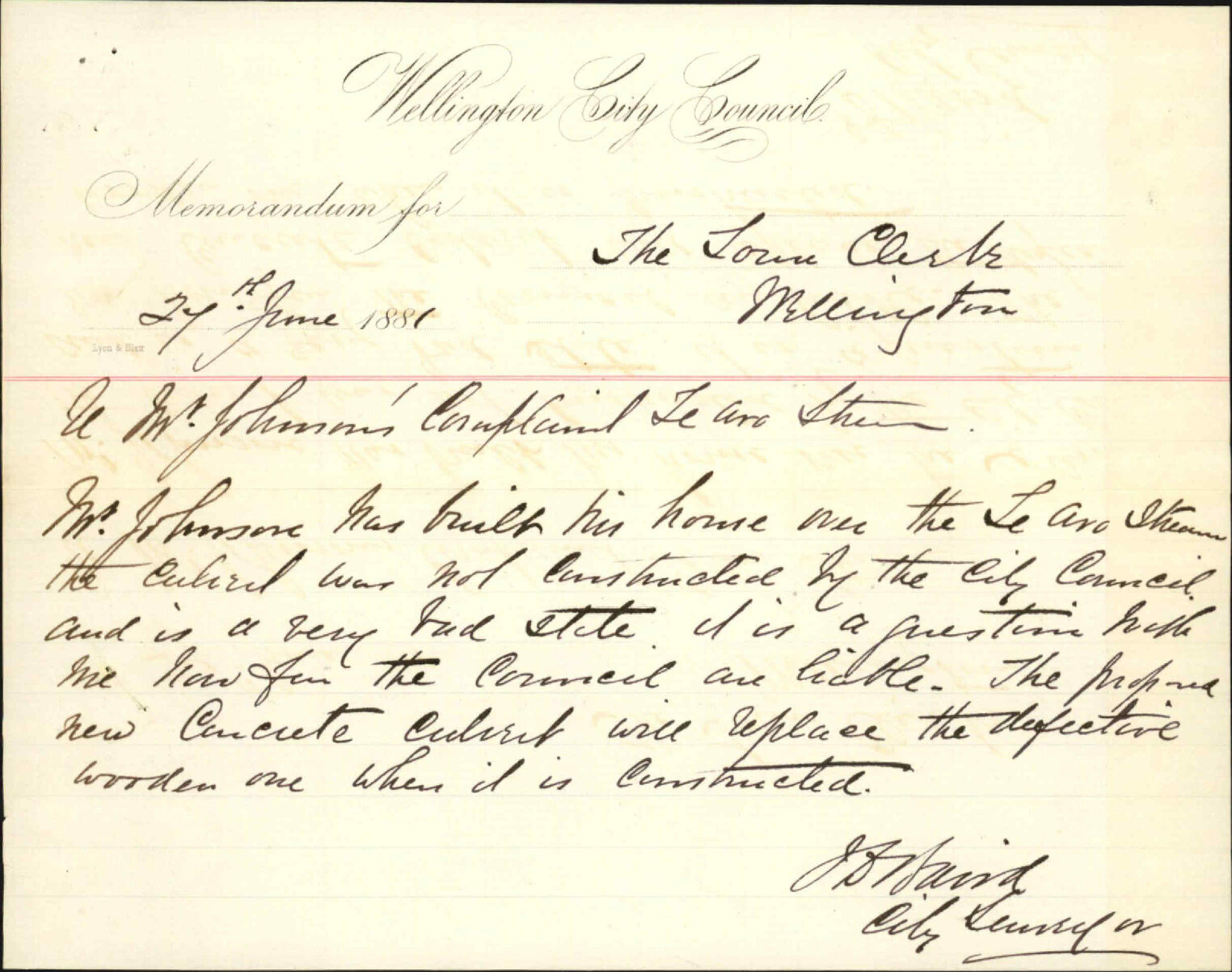 E J D Johnson, complaint as to state of drain in Ingestre Street