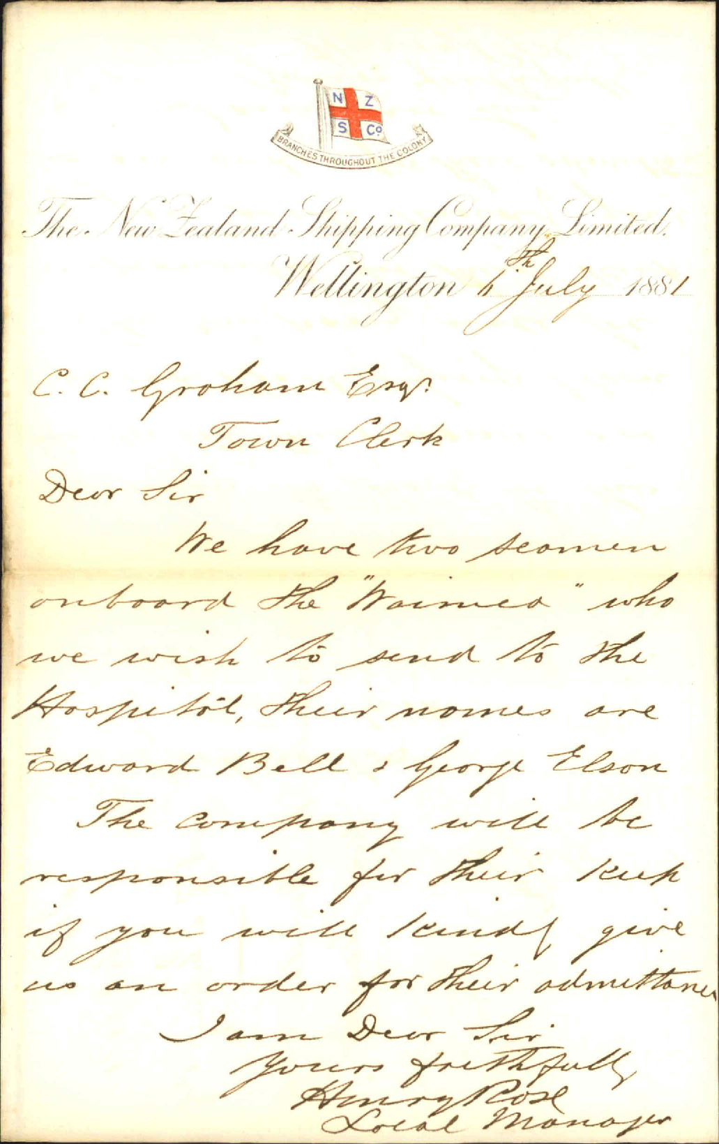 New Zealand Shipping Company, guaranteeing maintenance in hospital of two seamen [Edward Bell and George Elson]