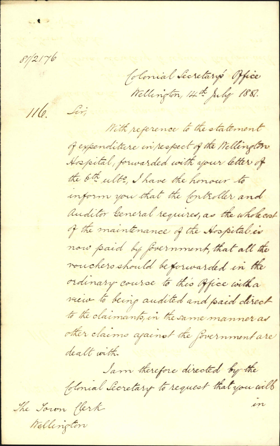 Colonial Secretary's Office, regarding repayment of hospital expenditure